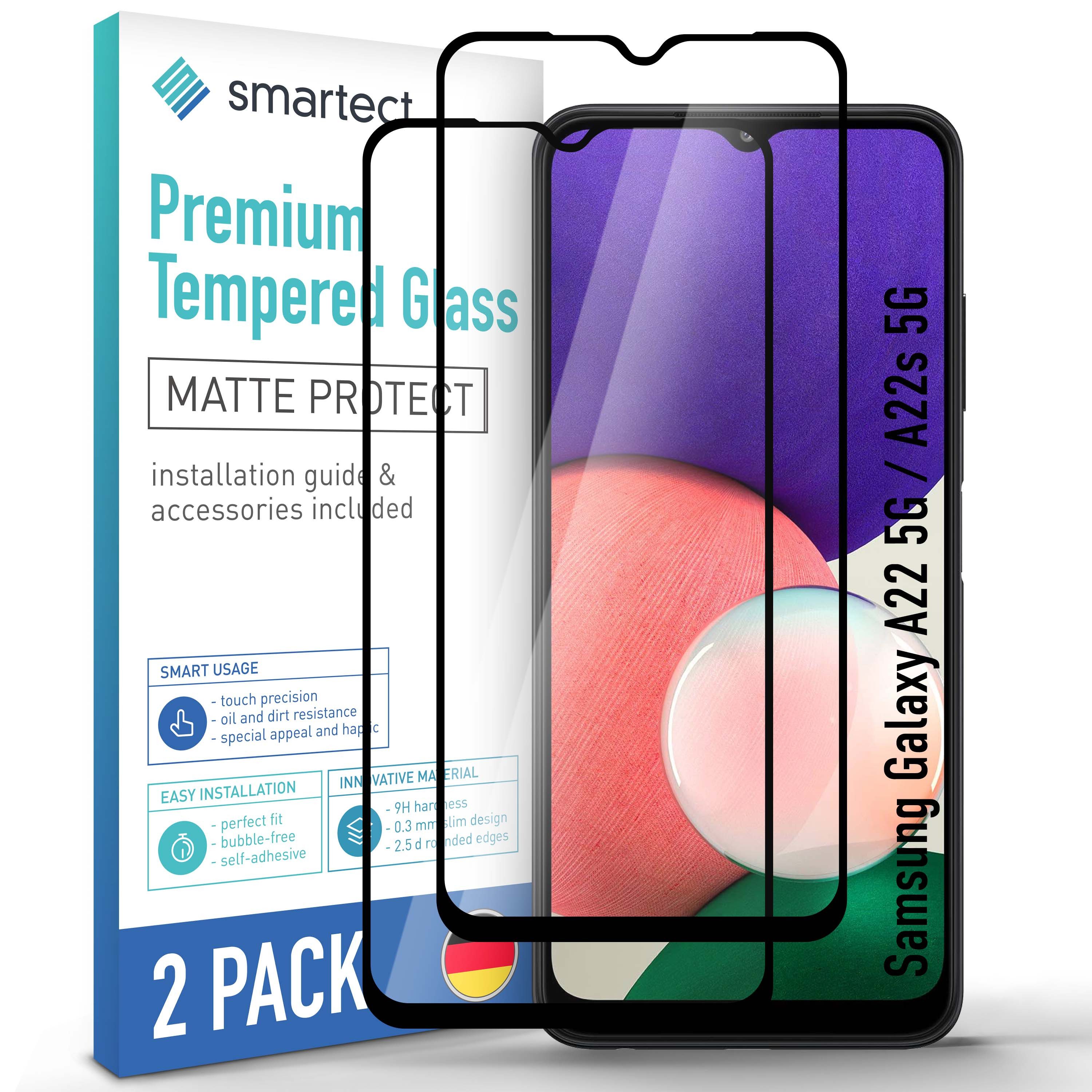 smartect Displayschutzglas 2X Schutzglas Panzerfolie Matt für Samsung Galaxy A22 5G/A22s 5G für Samsung Galaxy A22 5G/A22s 5G, Set, 2 Stück, Entspiegelt, 9H Härte, Kratzfest, Stoßfest, Blasenfrei, Oleophob
