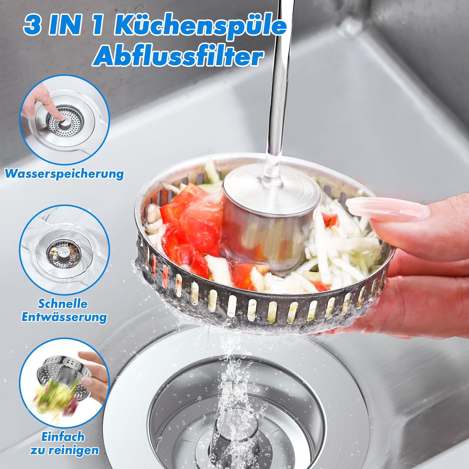 Venkuber Küchensieb Universal Siebkörbchen Abflusssieb Küchenspüle und Edelstahl, Waschbeckenstöpsel, 3-in-1 Pop-Up Edelstahl Abflussstopfen