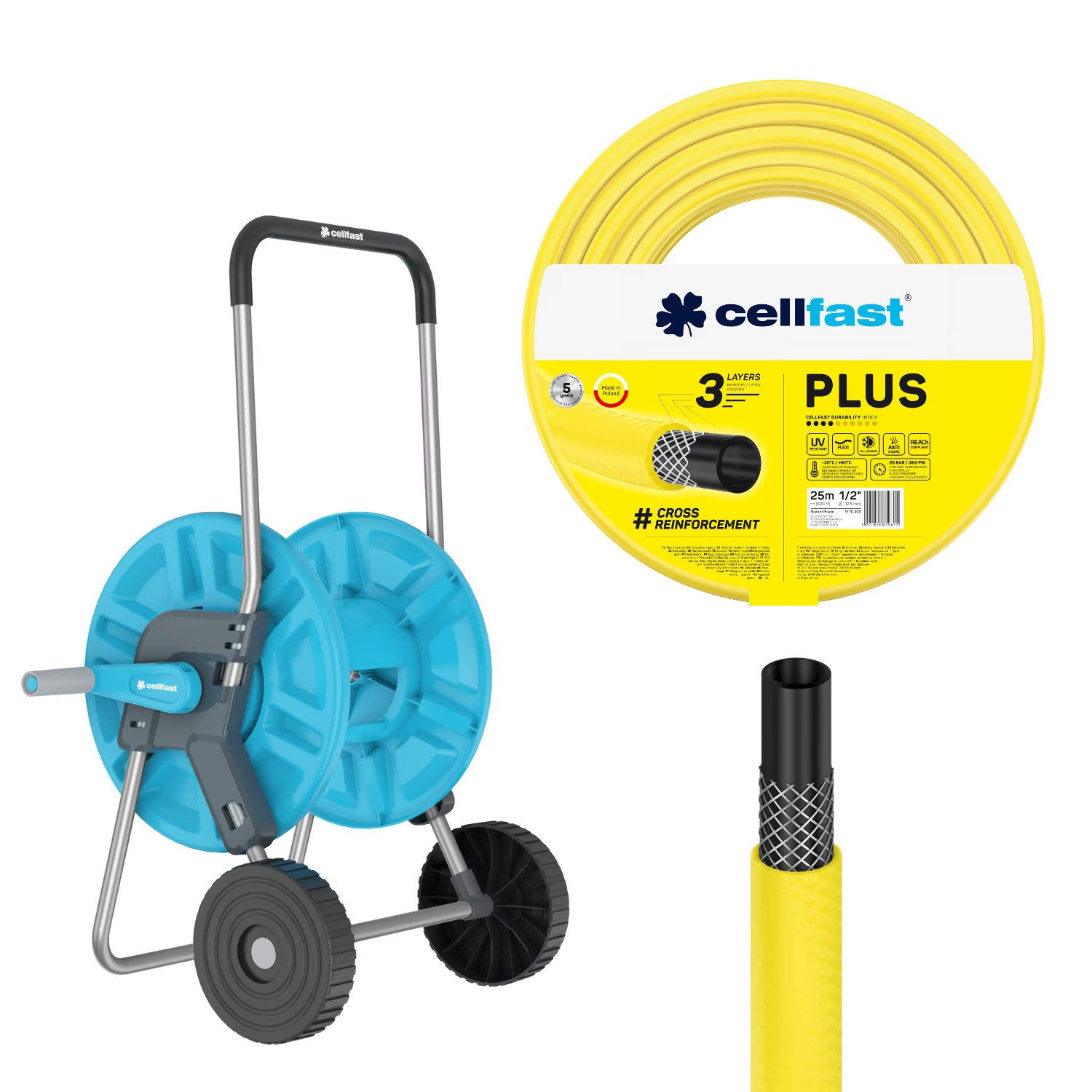 Cellfast Schlauchwagen Aluplus 1/2" 60 m + Gartenschlauch Plus 1/2" 25 m, Technologien: All Season, Anti Algae, ReaCh Compliant, UV Resistant