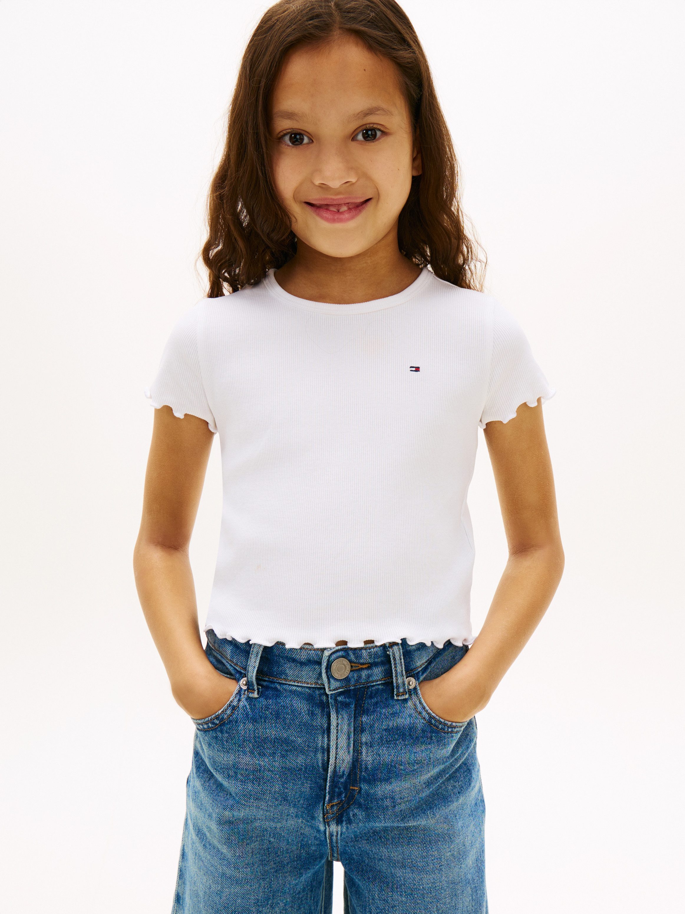 Tommy Hilfiger T-Shirt ESSENTIAL RIB TOP mit Babylock-Kanten und Stickerei unifarben, casual, regular fit, Baumwollmix, Rundhals
