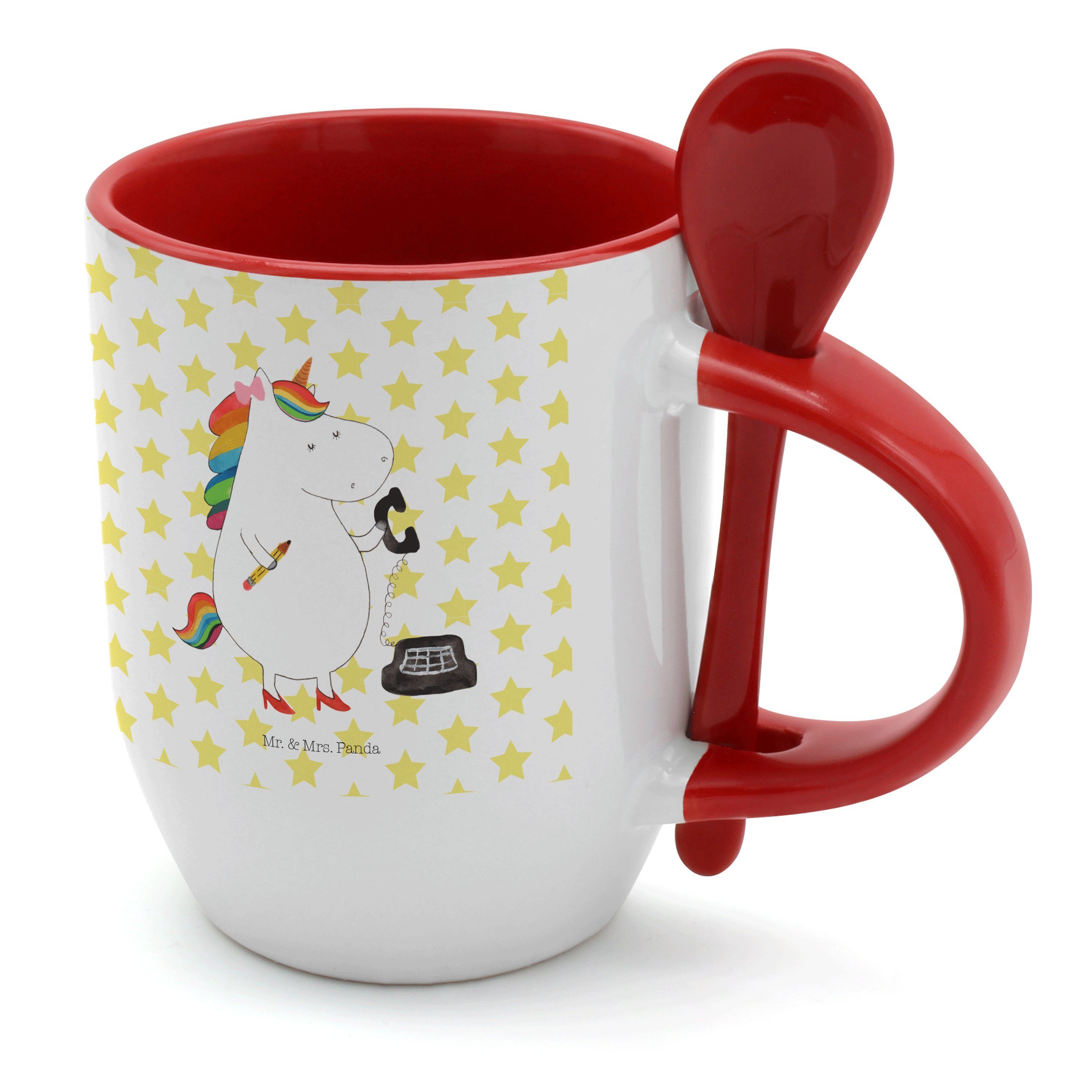 Mr. & Mrs. Panda Tasse Einhorn Sekretärin - Weiß - Geschenk, Einhorn Deko, Tasse mit Löffel, Keramik