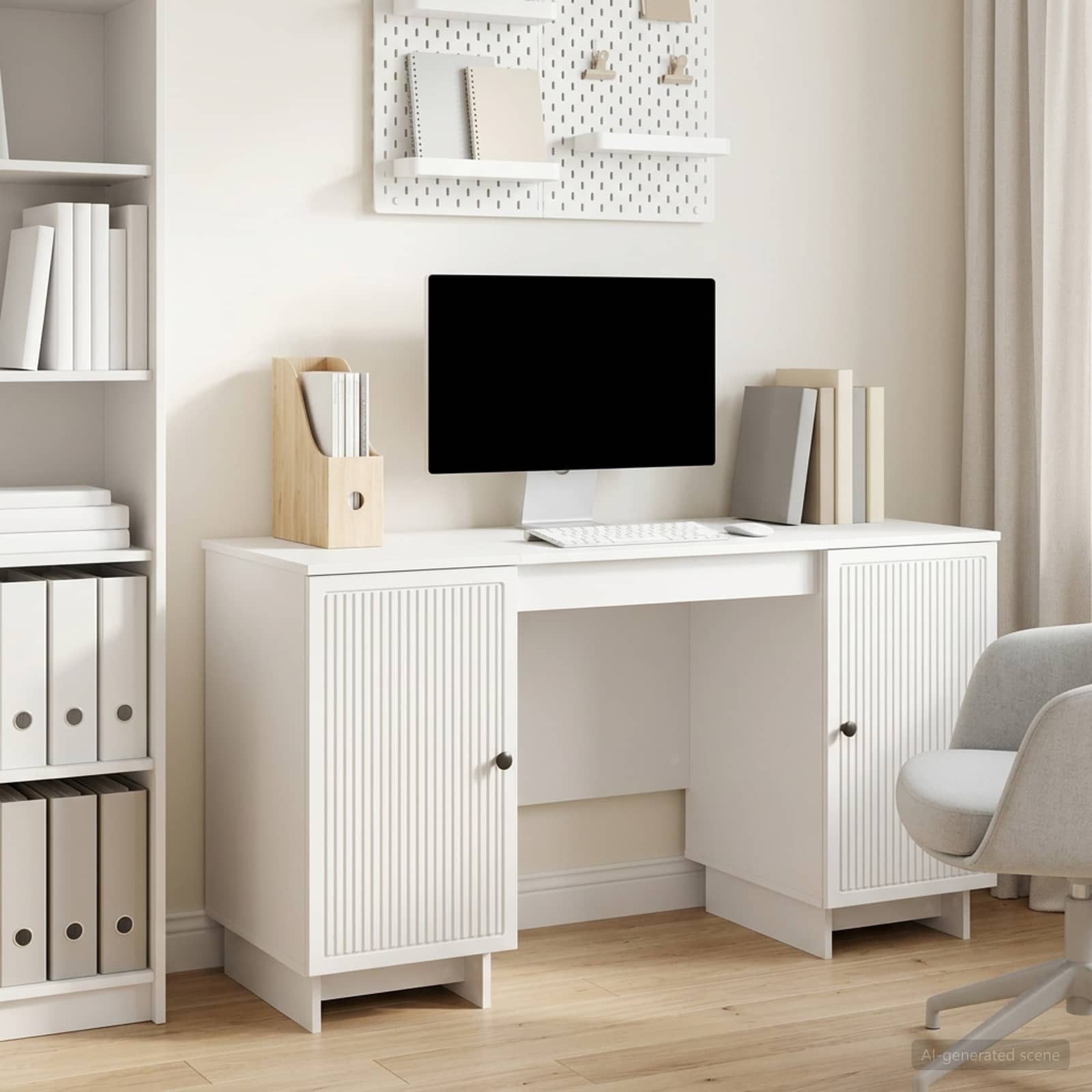 furnicato Schreibtisch 142,5 x 50 x 75 cm Hochglanz Weiß (1-St), Arbeitstisch mit integrierten Regalen für dein Home Office