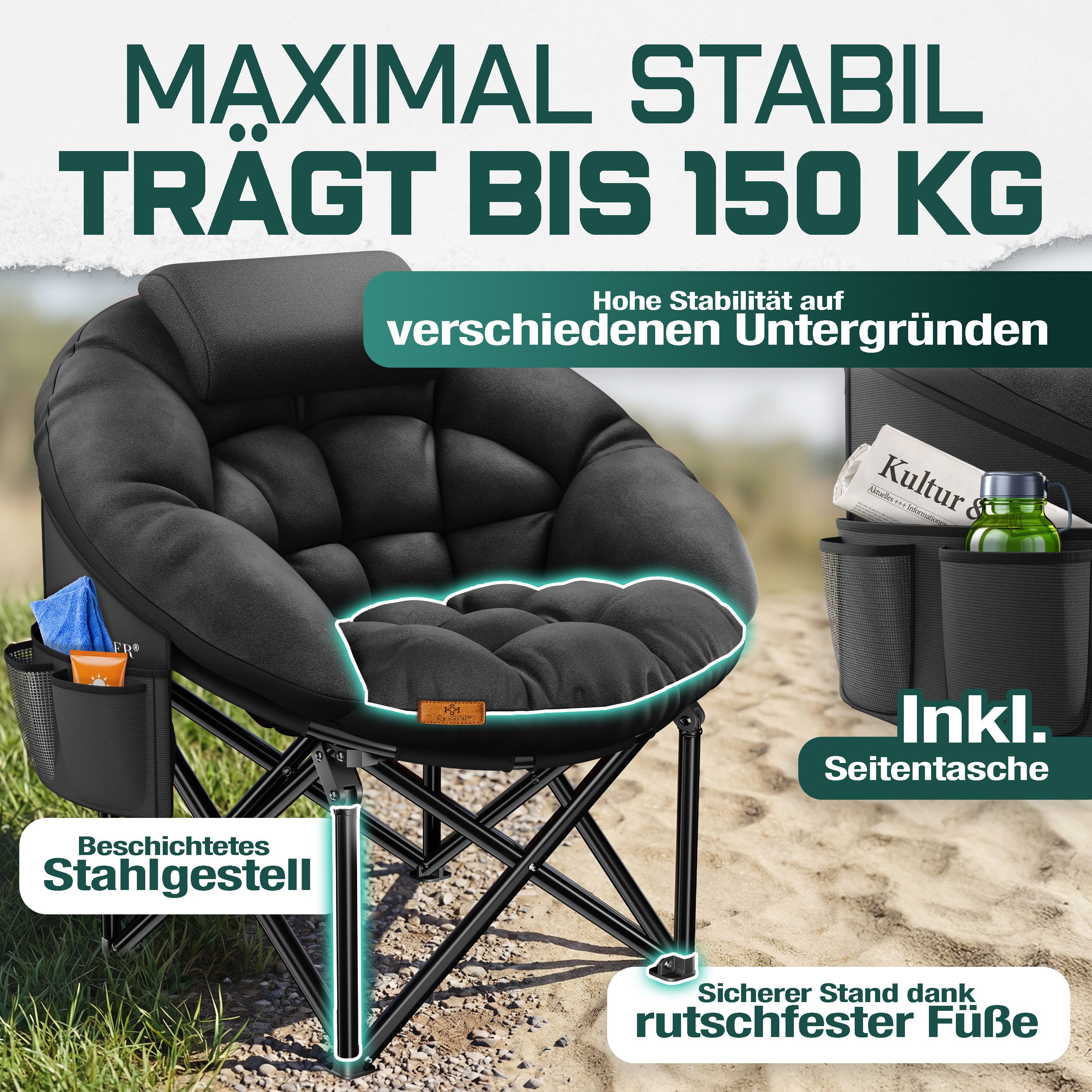 KESSER Campingstuhl XXL faltbar, bis 150 kg, inkl. Kissen, Seitentasche & Cover, Outdoor + Indoor für Camping, Angeln, Festival & Stran – Bild 5 von 5