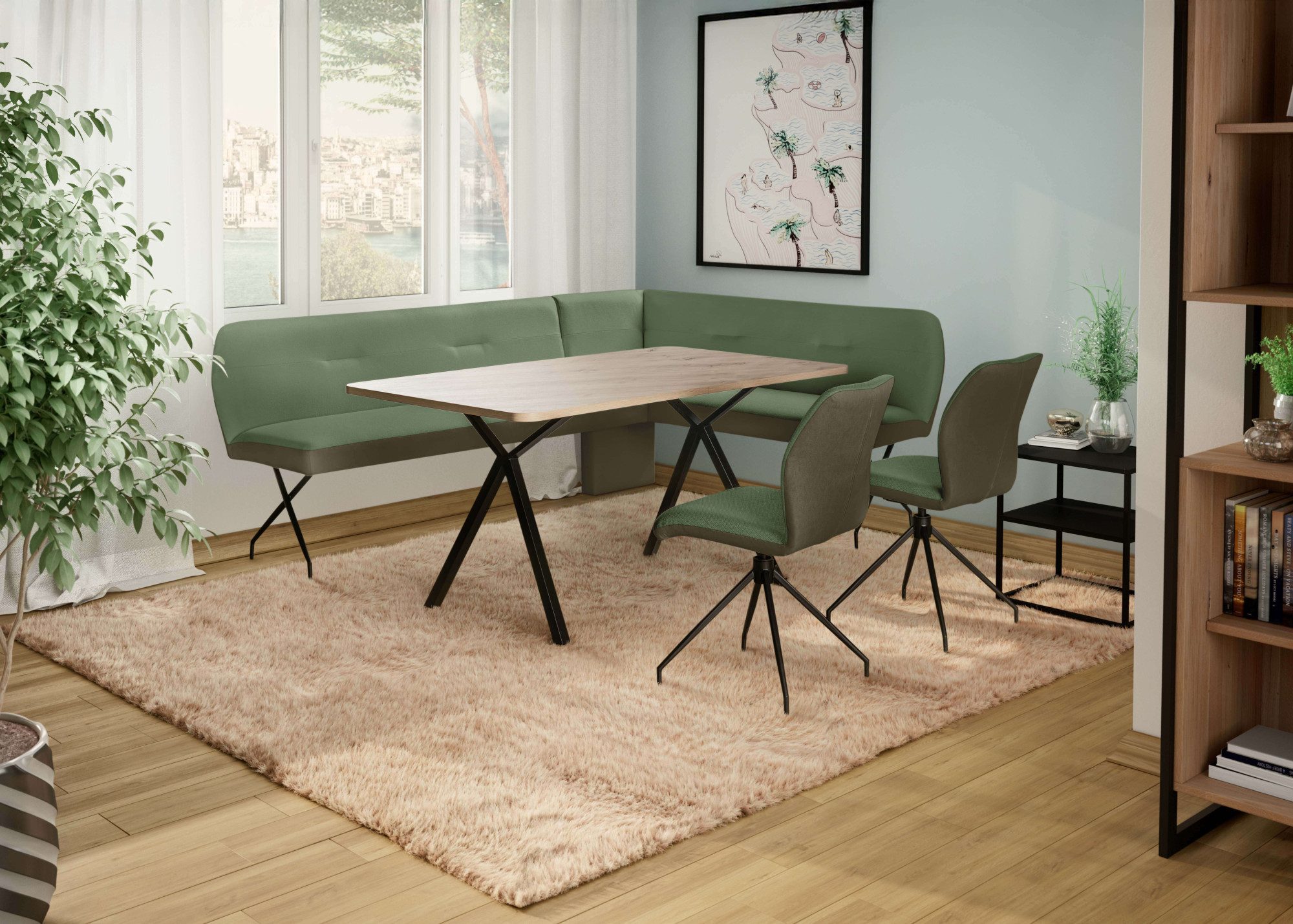 OTTO home Eckbank Bruna Esszimmerbank, Bank, Küchenbank, Polsterbank, Mattschwarzes Metallgestell, 2-Stoff-Design, Wellenfederung im Sitz