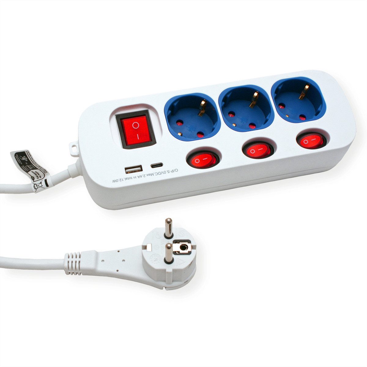 ROLINE 3-fach Steckdosenleiste mit Schalter Steckdosenleiste (Kabellänge 3 m), USB-Charger A+C