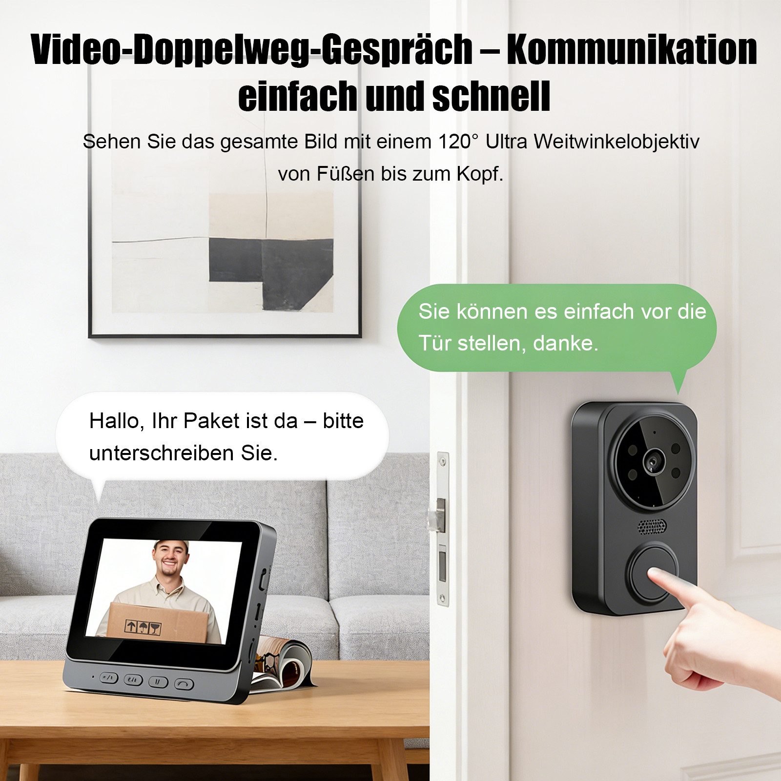 AKKEE Video-Türsprechanlage Drahtlose Video-Türklingel, 2,4-GHz-Verbindung (Mit intelligentem 4,3-Zoll-IPS-Display kabellose Türklingel)