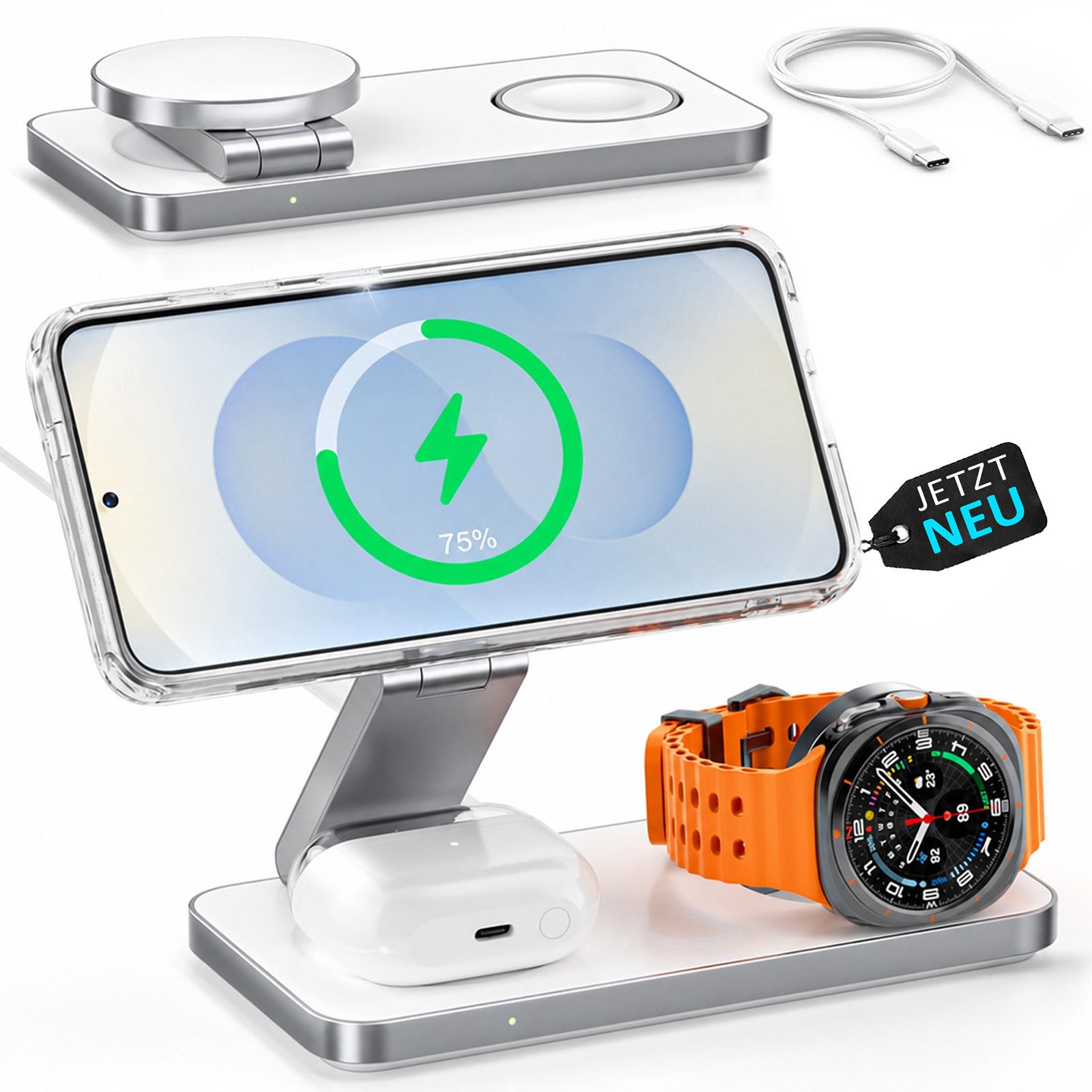 GreenHec 3in1 Ladestation für Samsung S26 S25 S24 S23, Magnetisch, Induktiv Wireless Charger (Spar-Set, Wireless Charging Pad, Watch Charger, MagSafe kompatibel, Induktions-Ladegerät, Ultra, 15w)