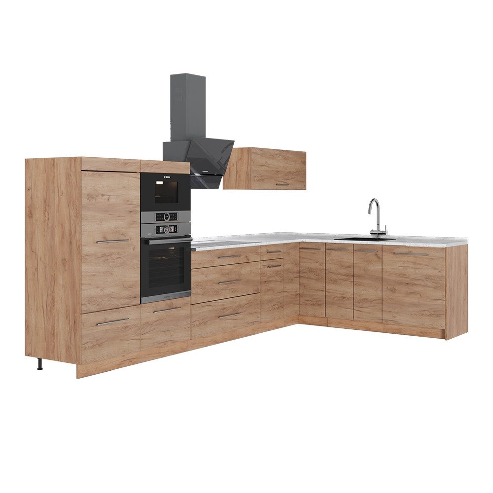 Vicco Winkelküche Fame-Line, Goldkraft Eiche/Goldkraft Eiche, 347 x 60 cm, AP Marmor