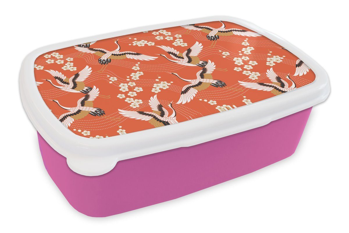 MuchoWow Lunchbox Kranich - Sakura - Muster - Japanisch, Kunststoff, (2-tlg), Brotbox für Erwachsene, Brotdose Kinder, Snackbox, Mädchen, Kunststoff rosa