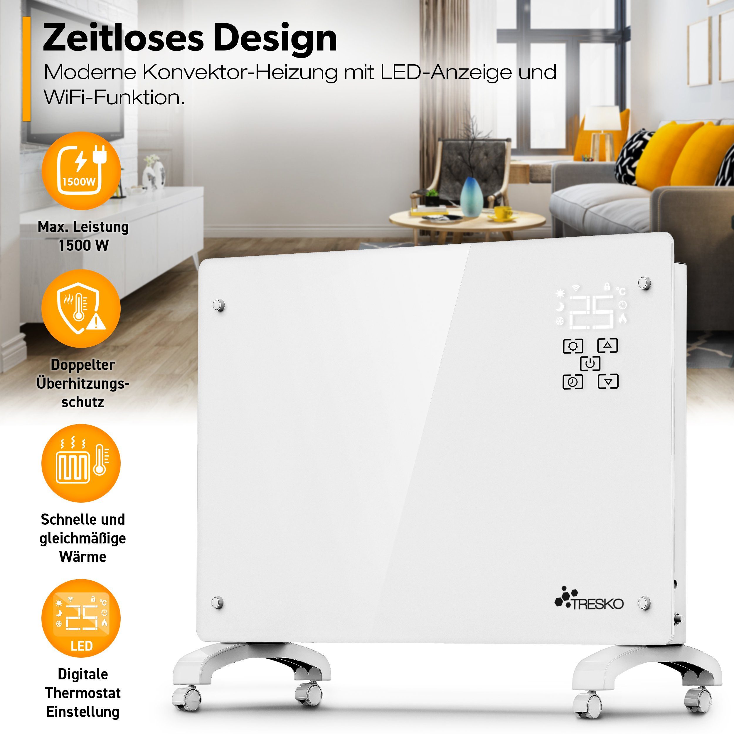 TRESKO Konvektor Glaskonvektor Elektroheizung 1500 & 2000W, 1500 W, APP WiFi Funktion, Glasheizung elektrisch – Bild 2 von 5