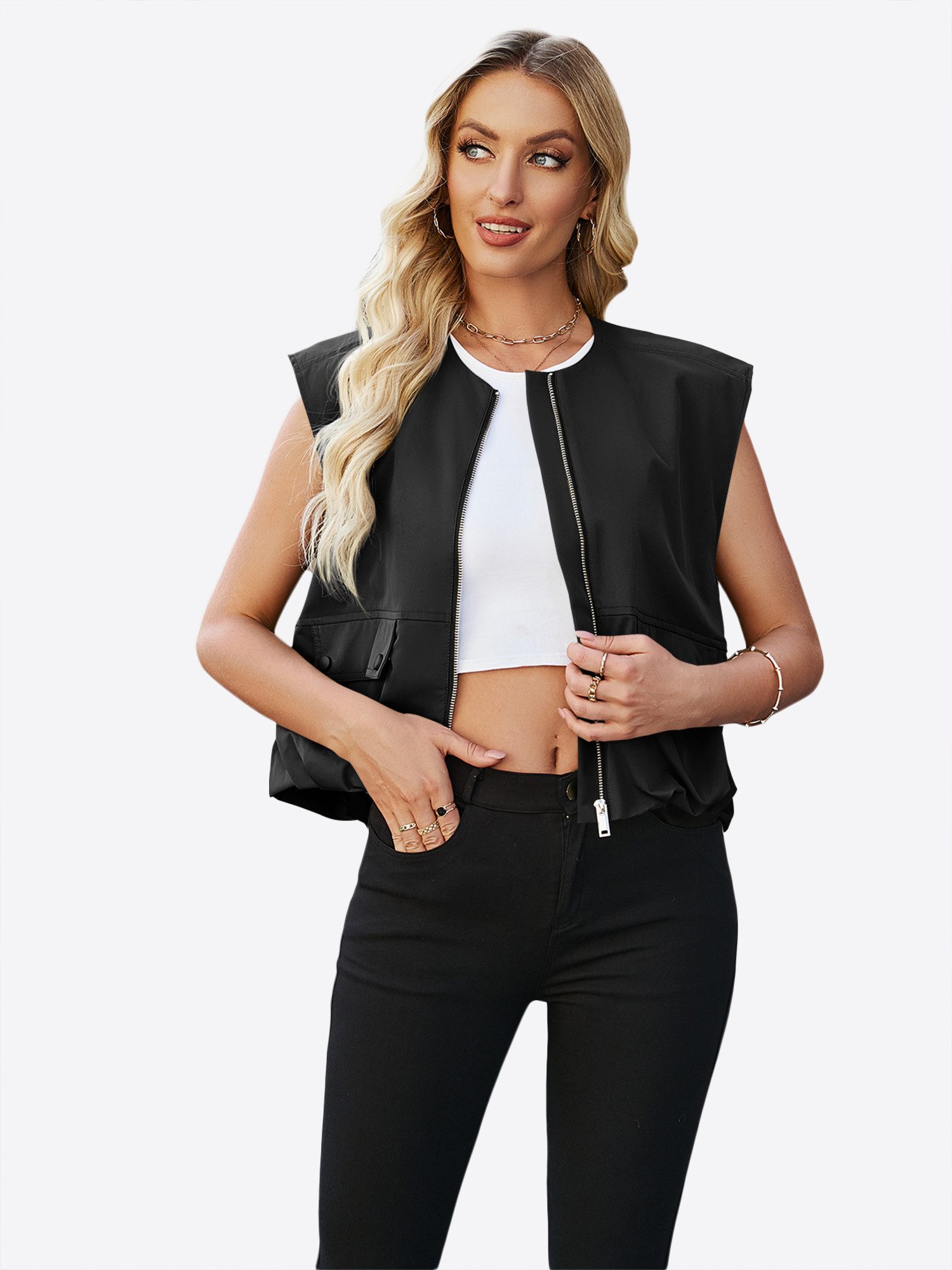 Imily Bela Kurzjacke Damen Lässige Cargoweste (Packung, 1-St., 1per-Pack) mit Reißverschluss – Bild 5 von 5