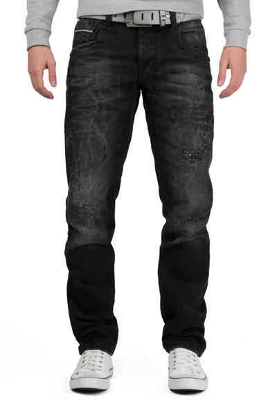Cipo & Baxx Bikerjeans »BA-CD104 schwarze Regular Fit Jeans Hose« im Destroyed Look mit Logo
