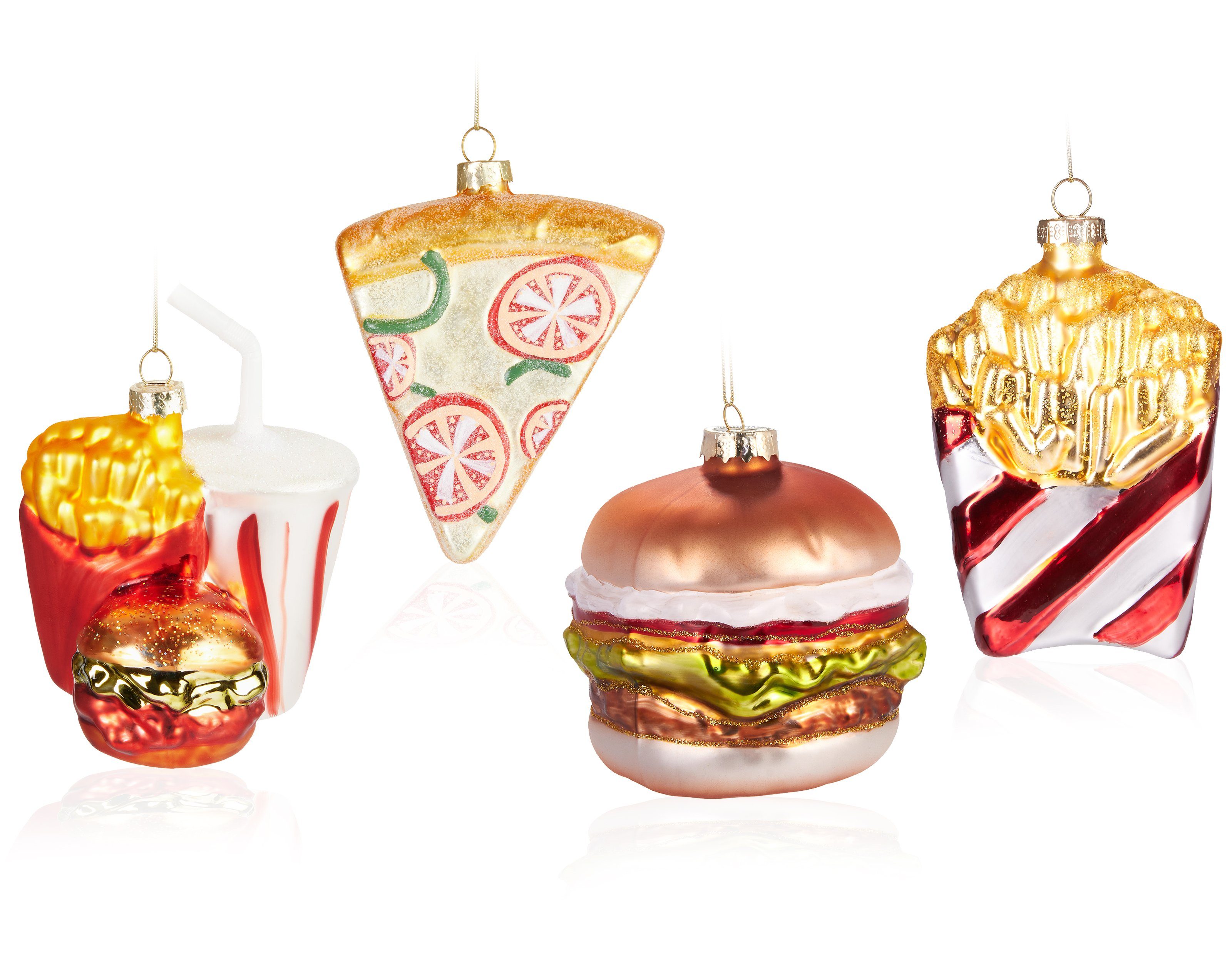 BRUBAKER Weihnachtsbaumkugel Weihnachtskugel Set Fast Food - Burger Pommes Softdrink Pizza (4 St), Handbemalter Christbaumschmuck - Glas Baumschmuck