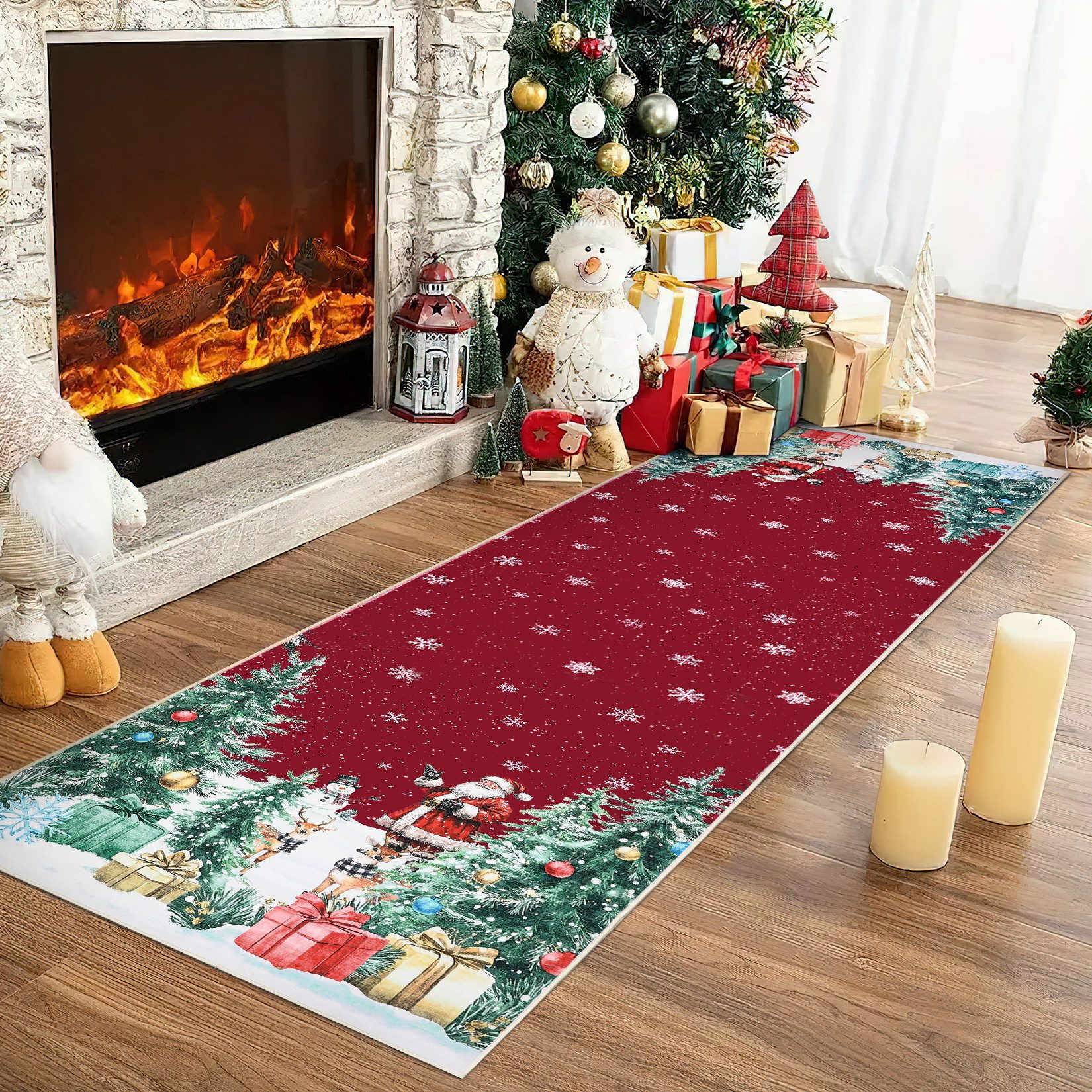 GarveeMore Teppich Rot Weihnachtsteppich mit Santa, Rentieren, Schneemann und Tannen, Höhe: 5 mm – Bild 2 von 5