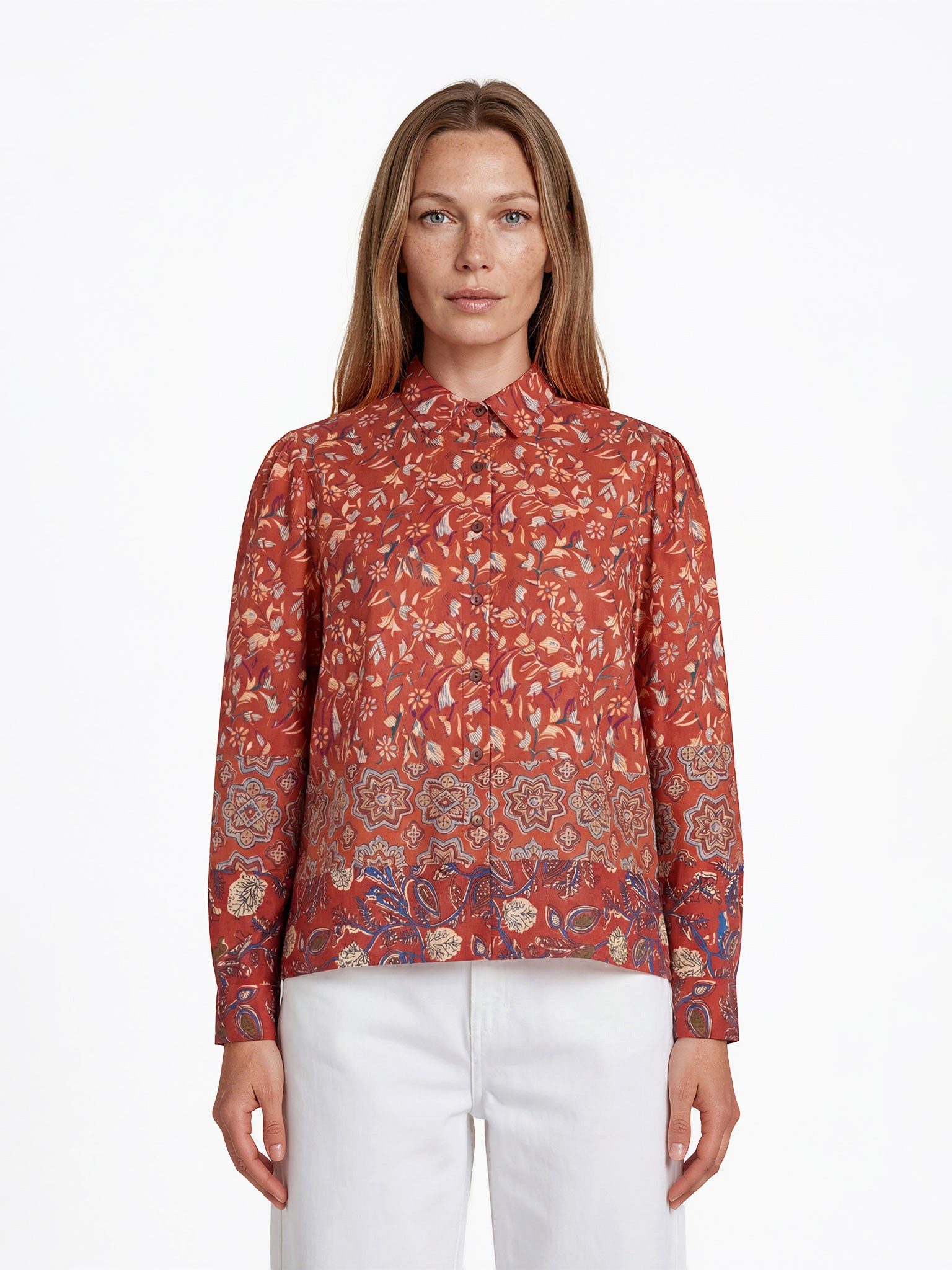 Himalaya Clothing Langarmbluse Damen Bluse Viskose floral Bordürenprint Regular Fit Langarm casual Klassischer Hemdkragen mit durchgehender Knopfleiste und pflegeleicht