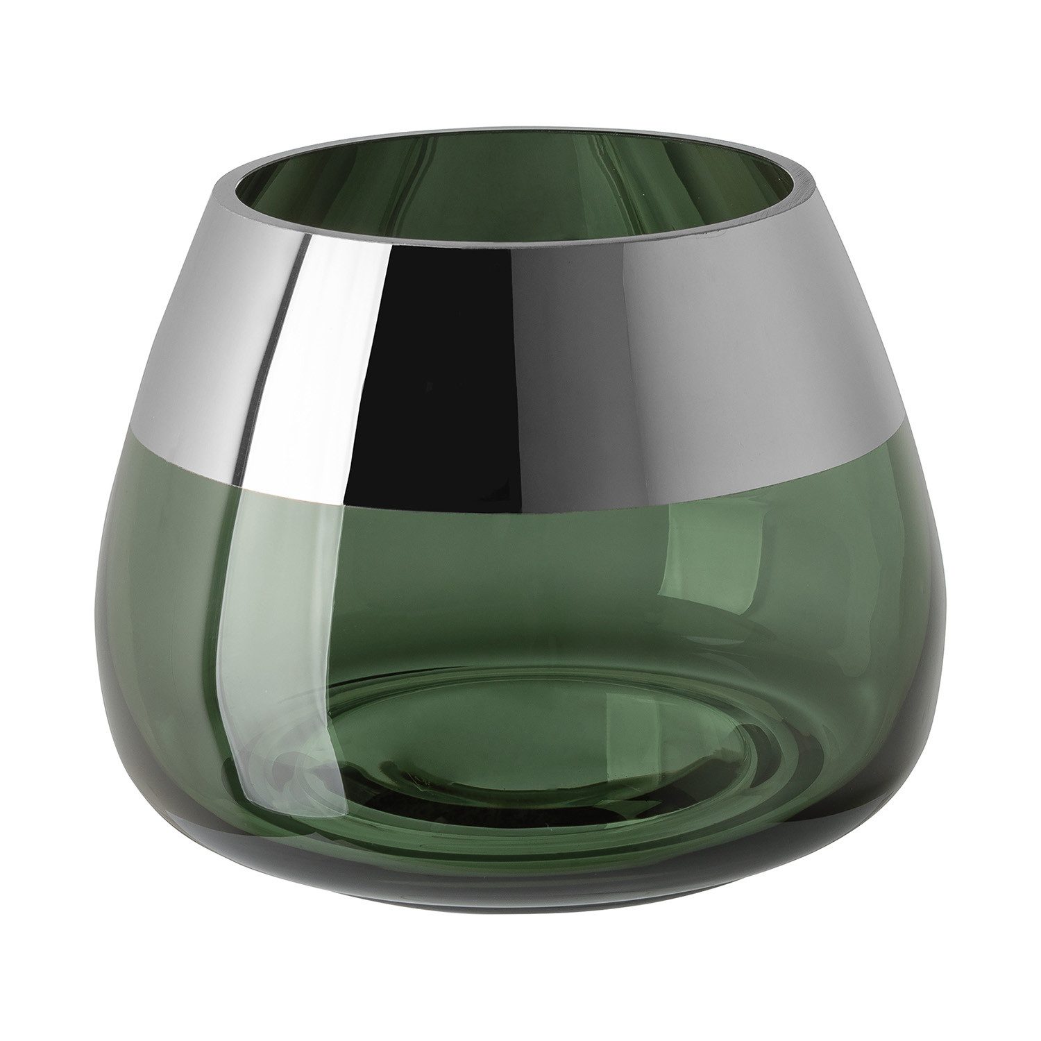 Fink Teelichthalter BELLA Teelichthalter - H.11,6cm x D.15cm - Glas - dunkelgrün/silber (1xTeelichthalter, 1 St., Leuchte - Geschenk für Frauen), Edles Glas-Windlicht: Kerzenhalter für Stumpenkerzen & Kerzenleuchter