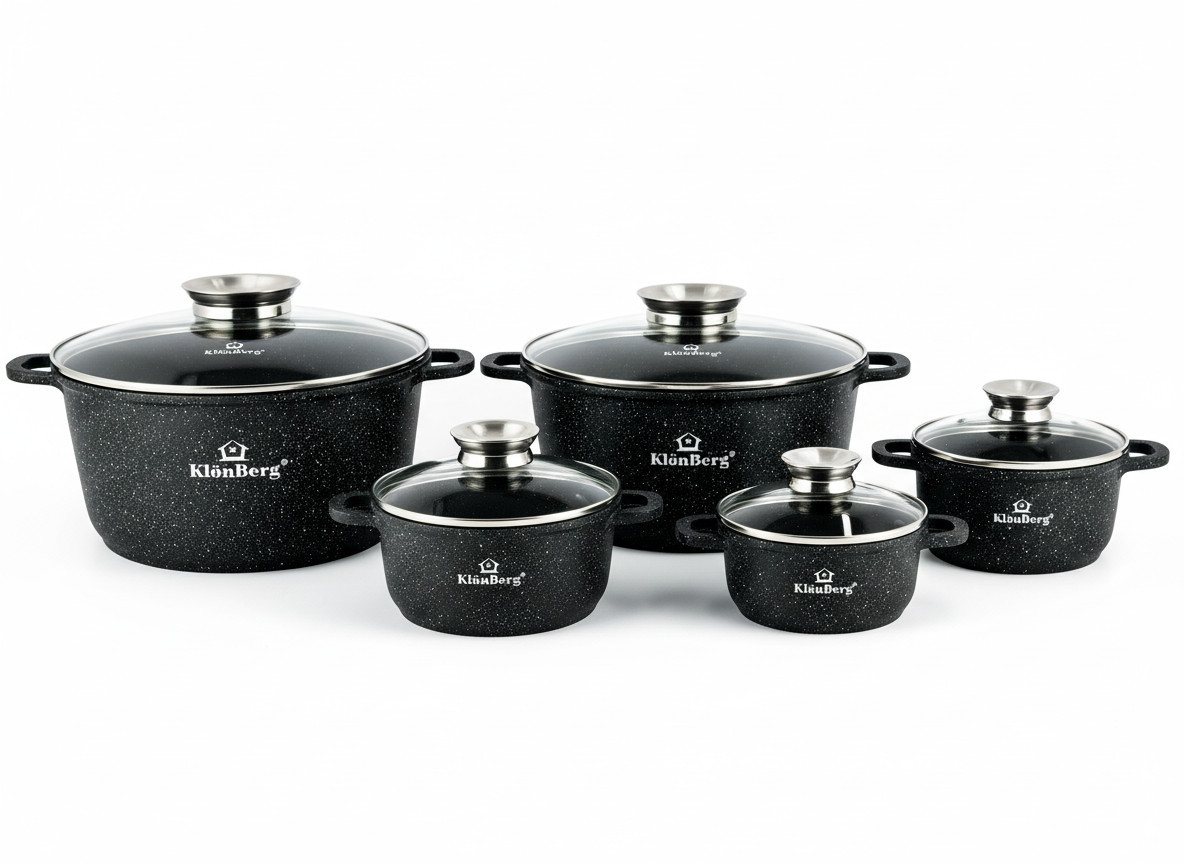 KlönBerg Topf-Set Schöne Töpfe mit Steinbeschichtung in 5 verschiedenen Größen, Aluminiumguss, Keramik, Edelstahl (Passt in jede Küche! (5.6L / 4.5L /3.2L /2.3L /1,3L), 10-tlg., Es ist eine perfekte Geschenkidee für jeden Anlass), Innovative Aroma Knob-Gr