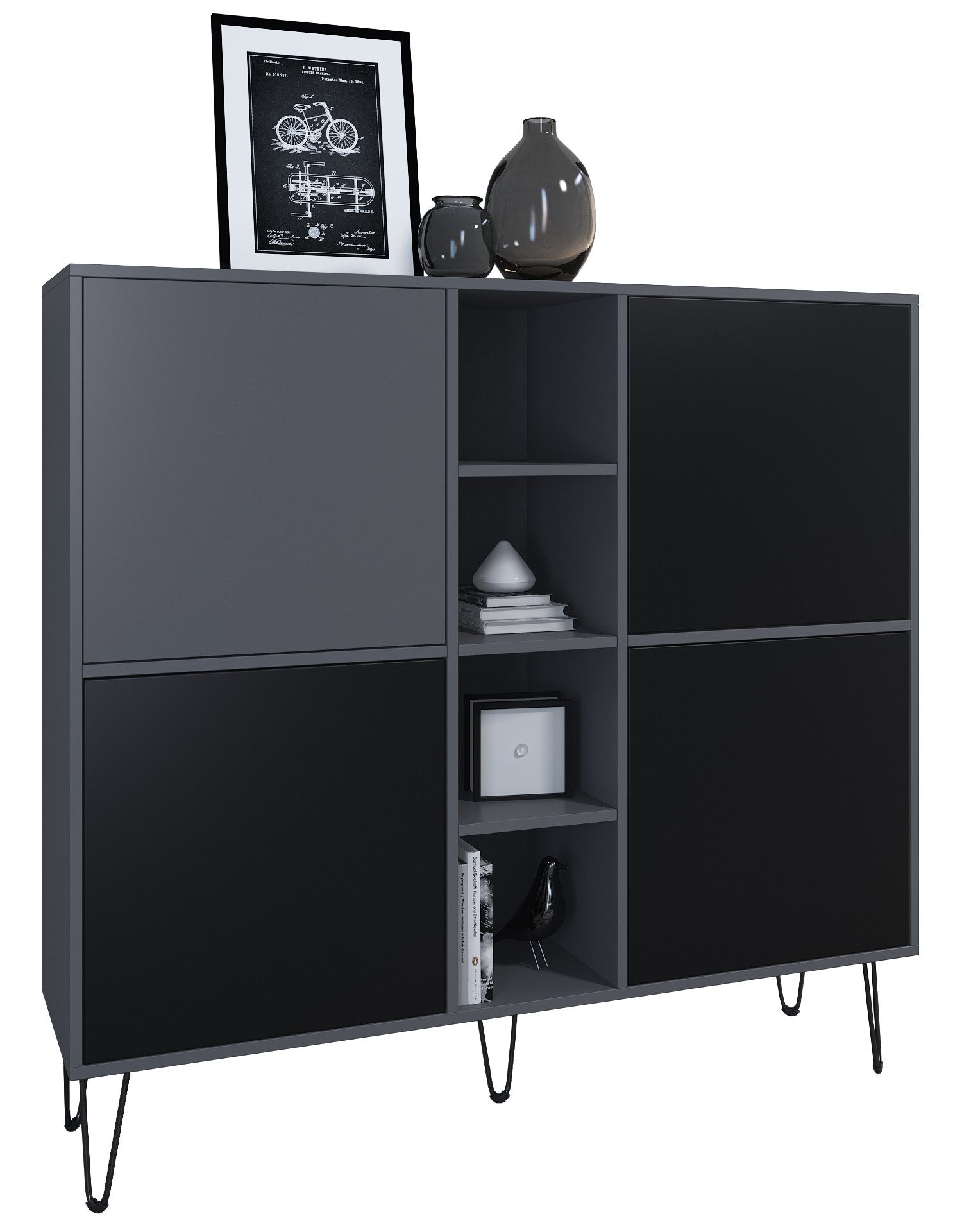 Vladon Highboard Havana V3 (Sideboard mit 4 Türen und 4 offene Fächer, Kommode Made in Germany), Anthrazit matt / Schwarz matt (130,5 x 124 x 35 cm)