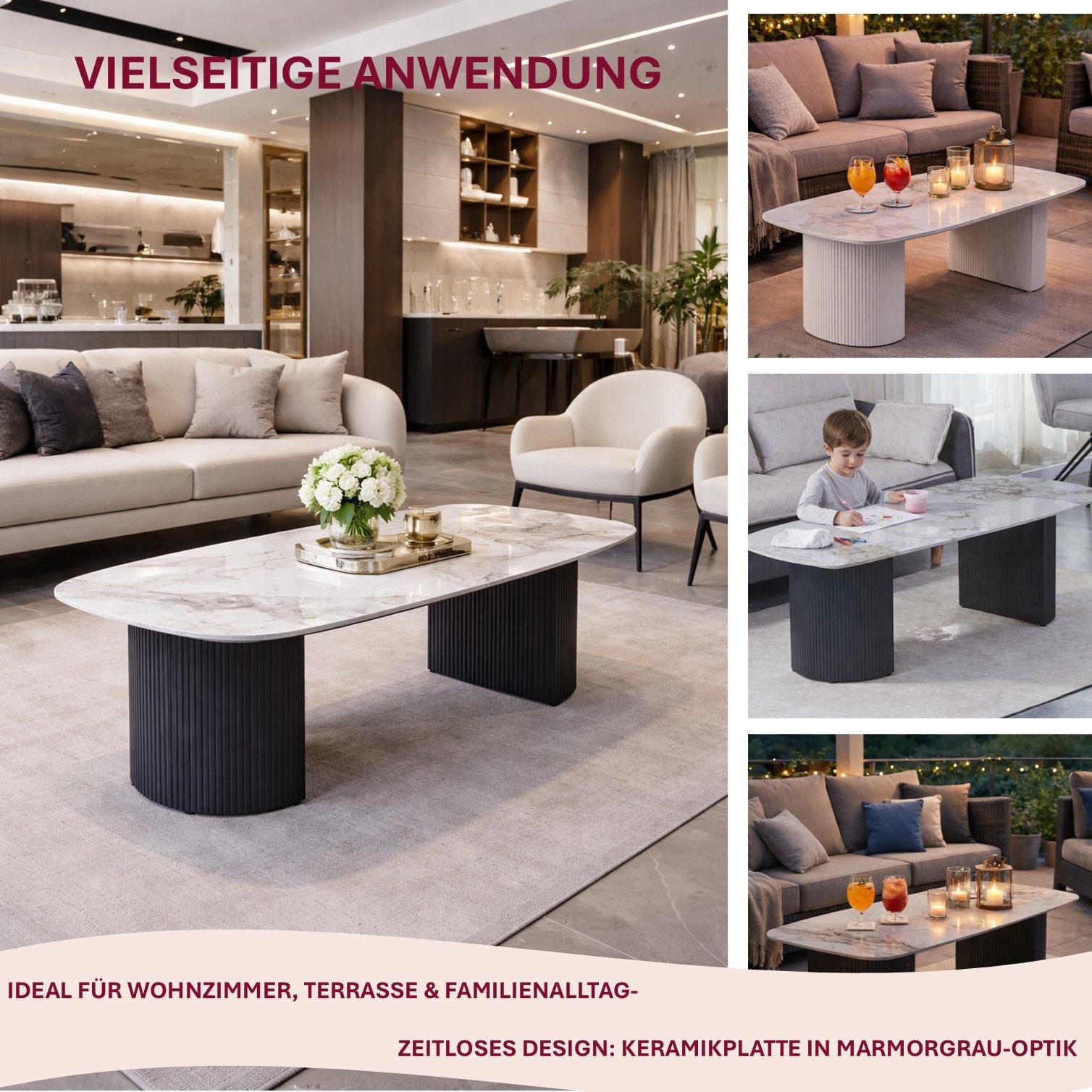 HOOZ Wohnzimmertisch Couchtisch Set 130x70 cm Schwarz – moderner Sofatisch, Keramik (Einzelprodukt, 1× Couchtisch), Keramik-Tischplatte, Travertin-Optik (marmoriert), pflegeleicht