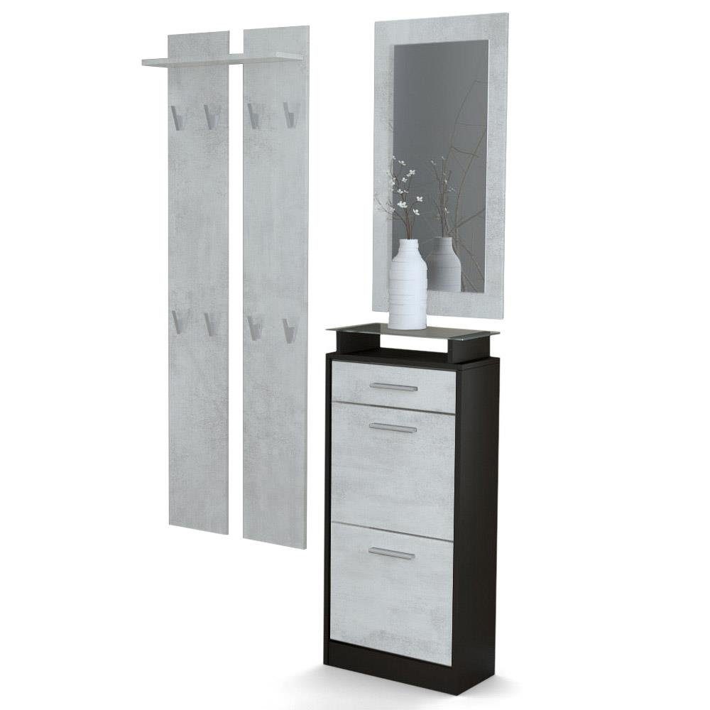 Vladon Шкафы-Set Loret V2, (Garderobenset bestehend aus 1 Schuhschrank, 1 Wandspiegel und 2 Панели гардеробные), Schwarz matt/Beton Oxid Optik (140 x 23 x 200 cm)