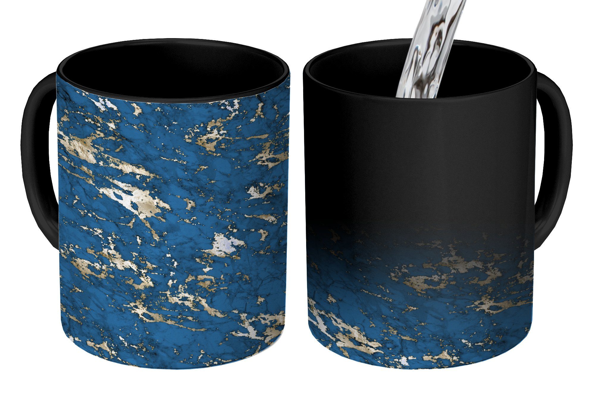 MuchoWow Tasse Blau - Marmor - Gold - Design, Keramik, Farbwechsel, Kaffeetassen, Teetasse, Zaubertasse, Geschenk