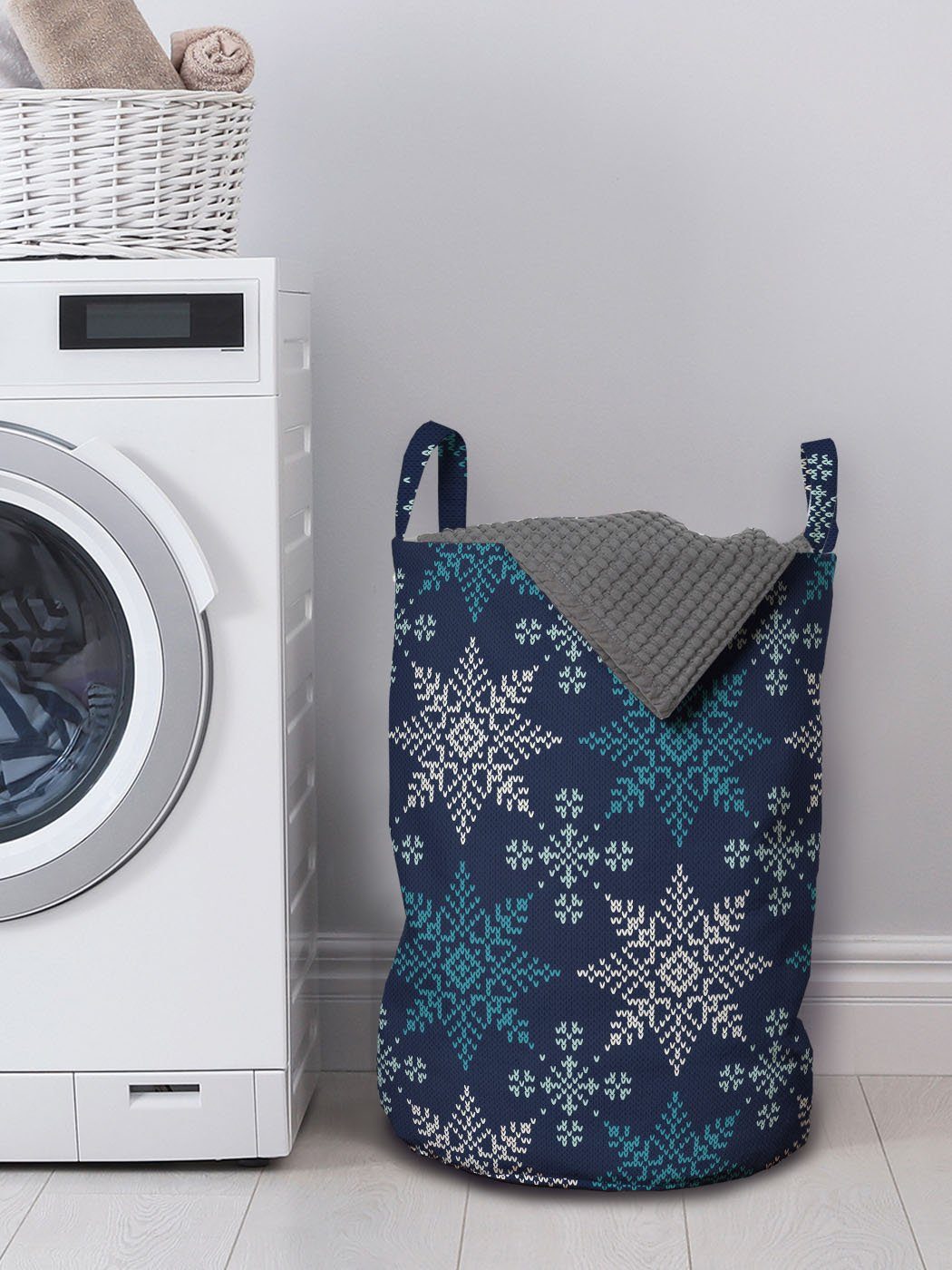 Abakuhaus Wäschesäckchen Wäschekorb mit Griffen Schneeflocke Waschsalons, Theme Winter Kordelzugverschluss für Holiday