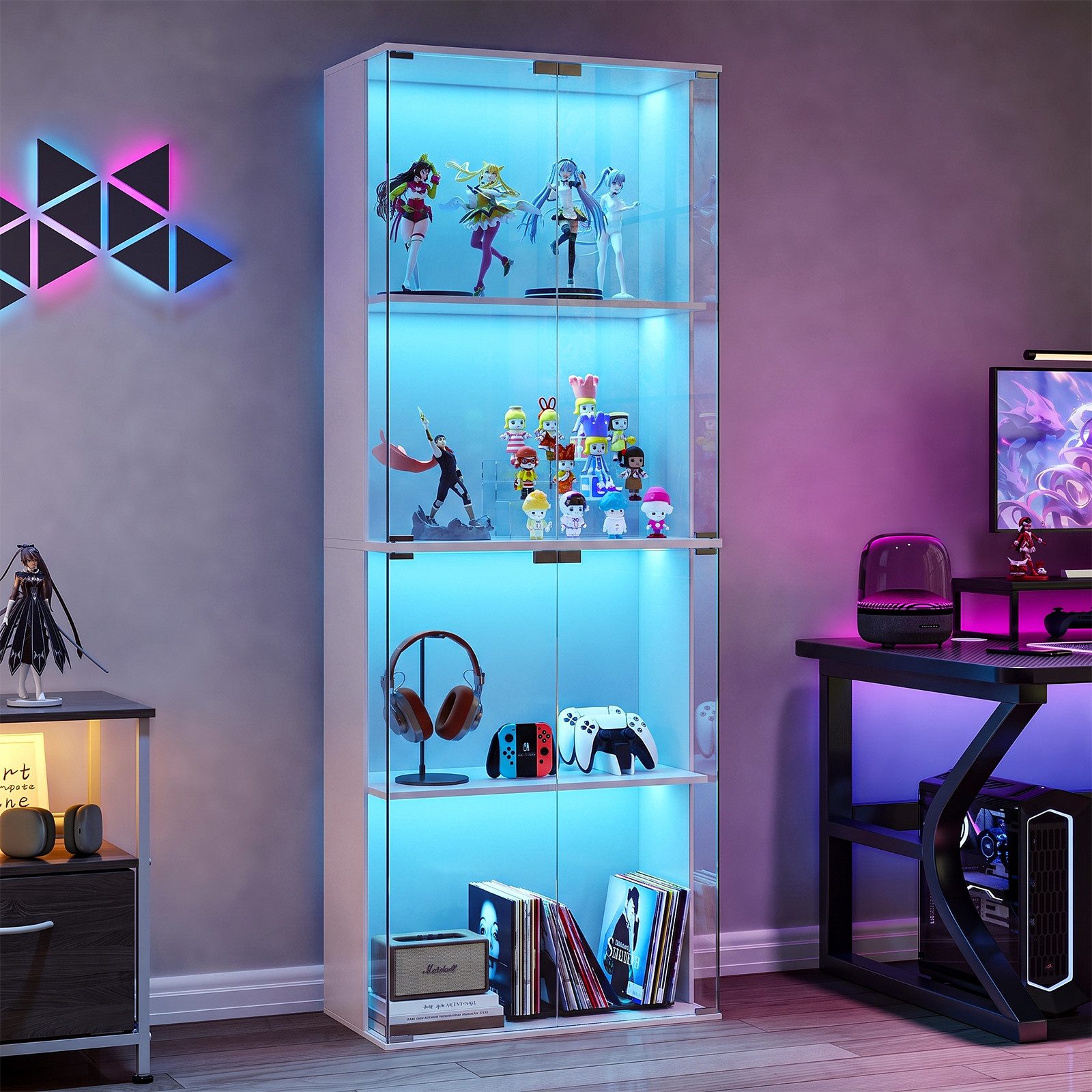 SVEYLXA Vitrine Moderne Vitrine mit LED Beleuchtung, 160 cm Hochschrank mit Glastüren (1-St) 4 Ebenen, Schwarz/Weiß – Bild 2 von 5
