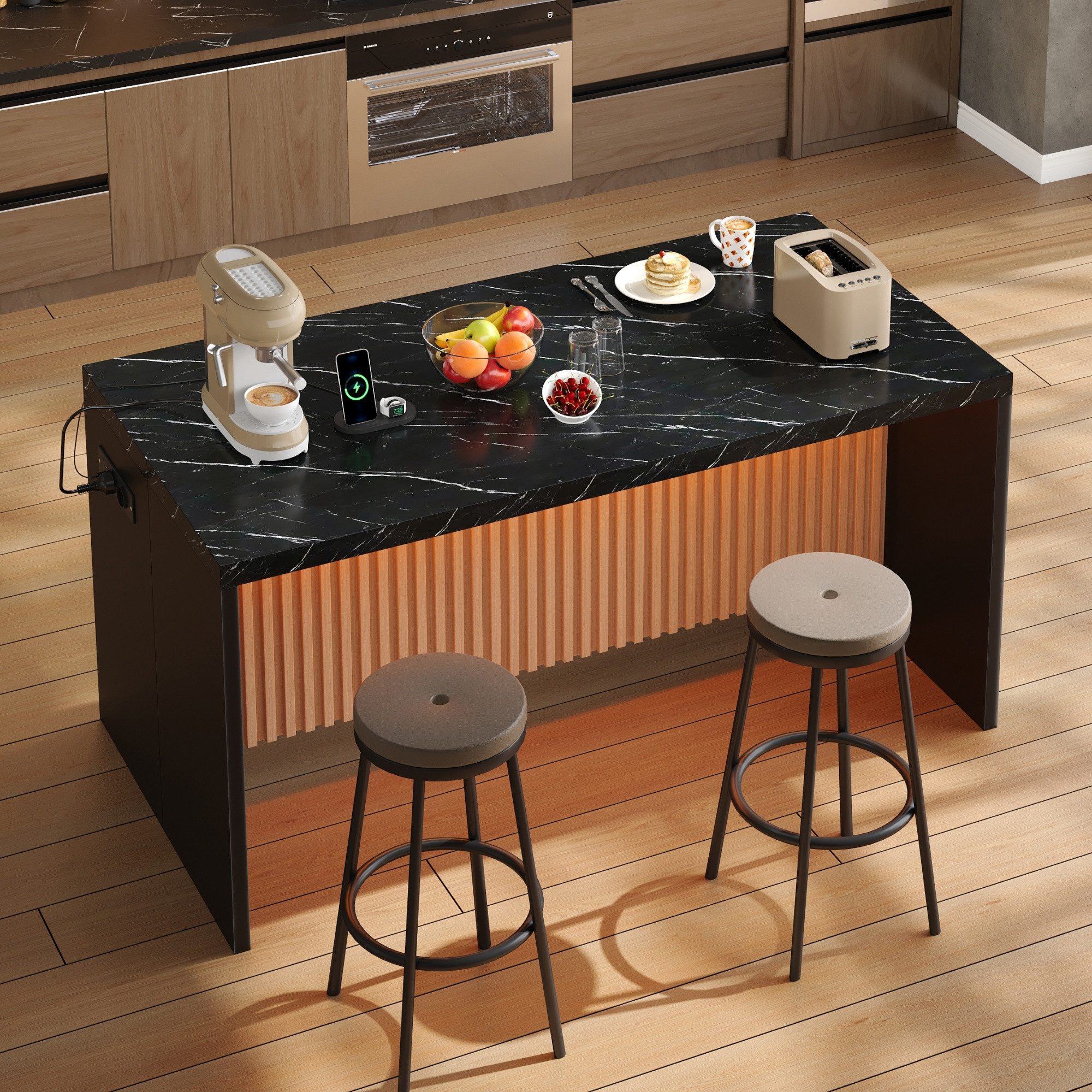 Flieks Kücheninsel Küchenschrank mit Arbeitsplatte, LED-Beleuchtung, Steckdosen, (155x80x90 cm), multifunktional Mehrzweckschrank mit Ladenfunktion schwarz Marmoroptik