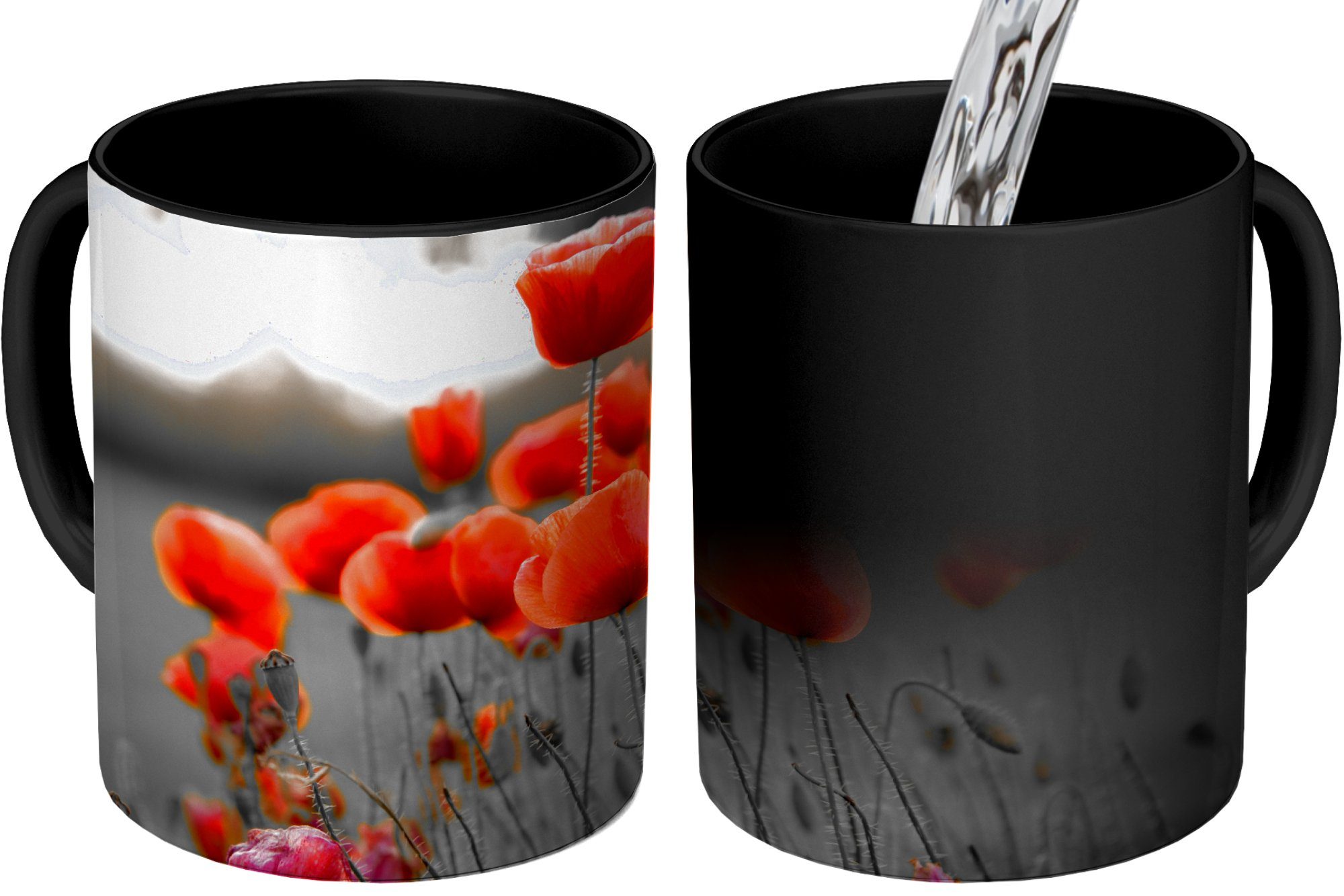 MuchoWow Tasse Rote Mohnblumen Zaubertasse, Teetasse, schwarzem Geschenk und Hintergrund, Kaffeetassen, Farbwechsel, vor Keramik, weißem
