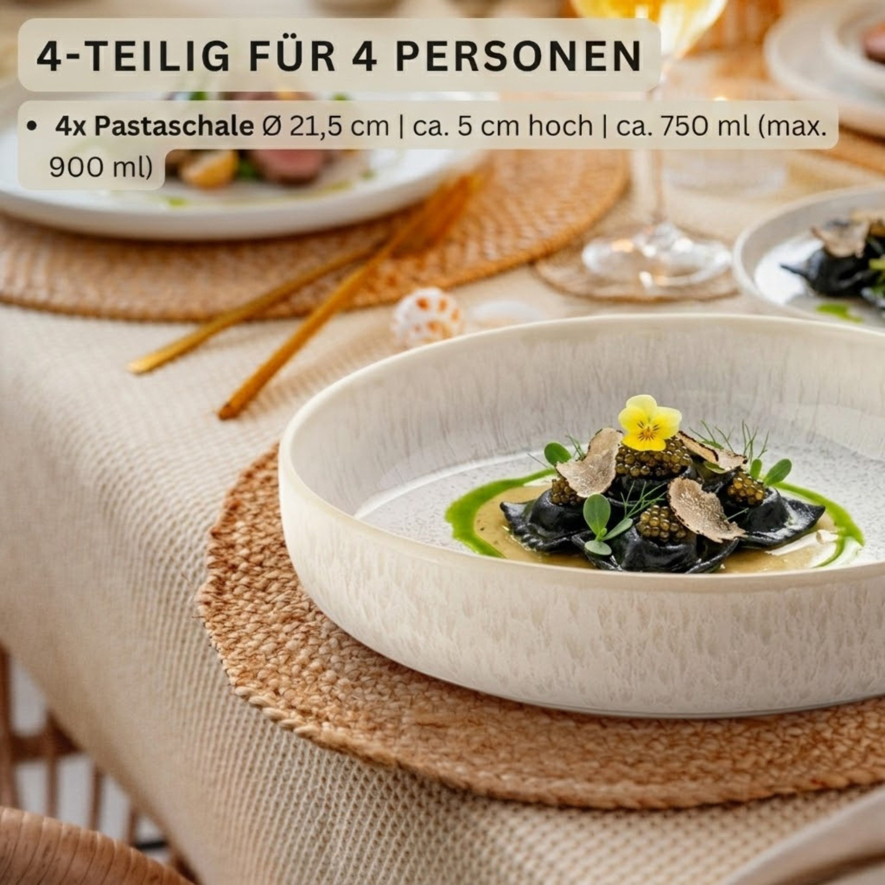 SÄNGER Geschirr-Set Korfu Geschirrset (12, 16, 24, 36 Teile) (4-tlg), 4 Personen, Steingut, Pastaschalen, Creme Beige, Handmade, Premium Collection