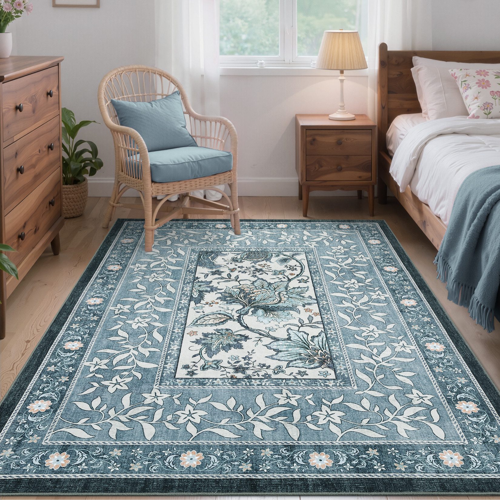 GarveeMore Teppich Flachflor-Teppich im floralen Landhausstil, rechteckig, Höhe: 5 mm, 100% Polyester, TPR-Unterseite, zusammenlegbar