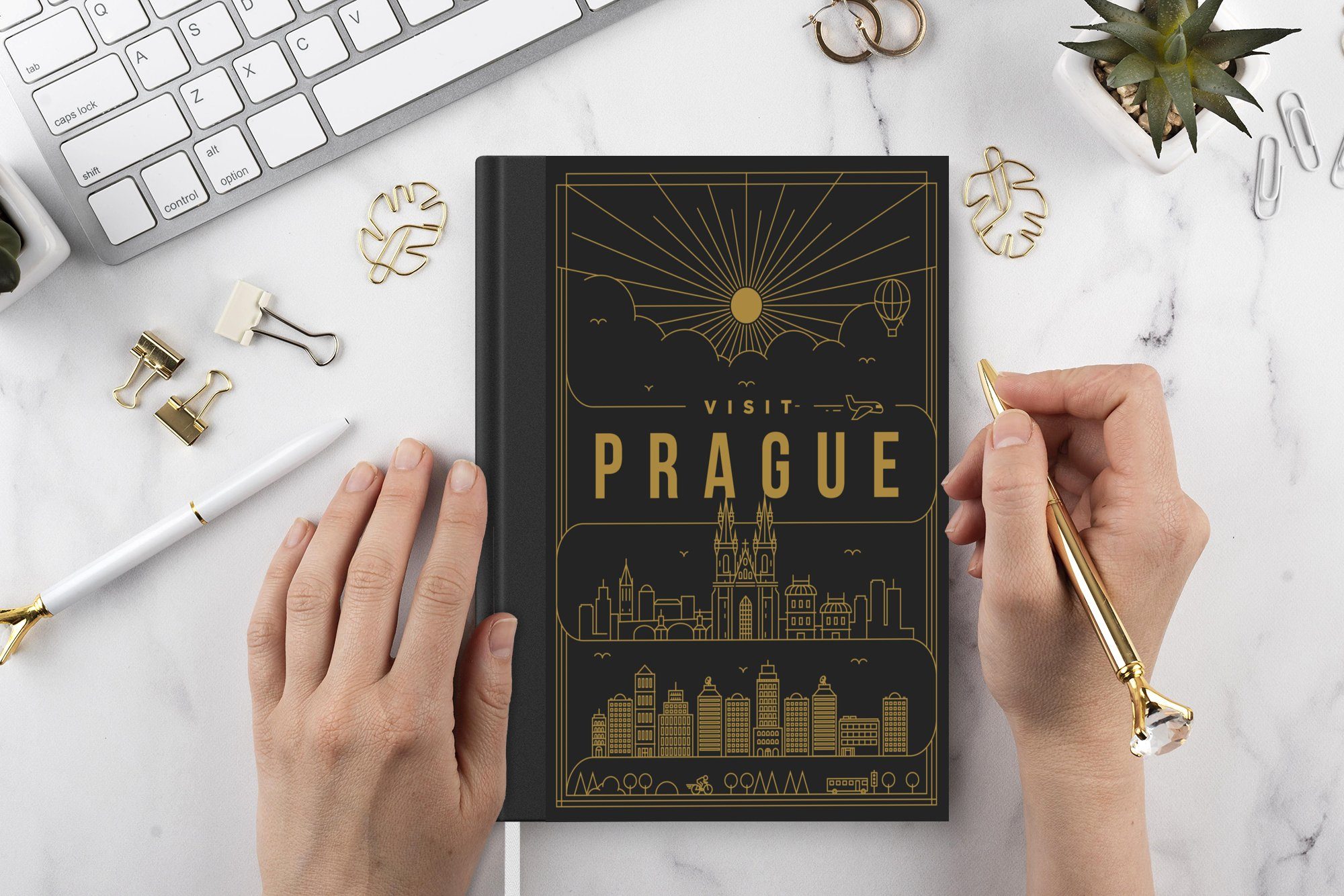 MuchoWow Notizbuch Prag - Skyline Gold, Merkzettel, - Haushaltsbuch A5, Notizheft, Tagebuch, Seiten, Journal, 98