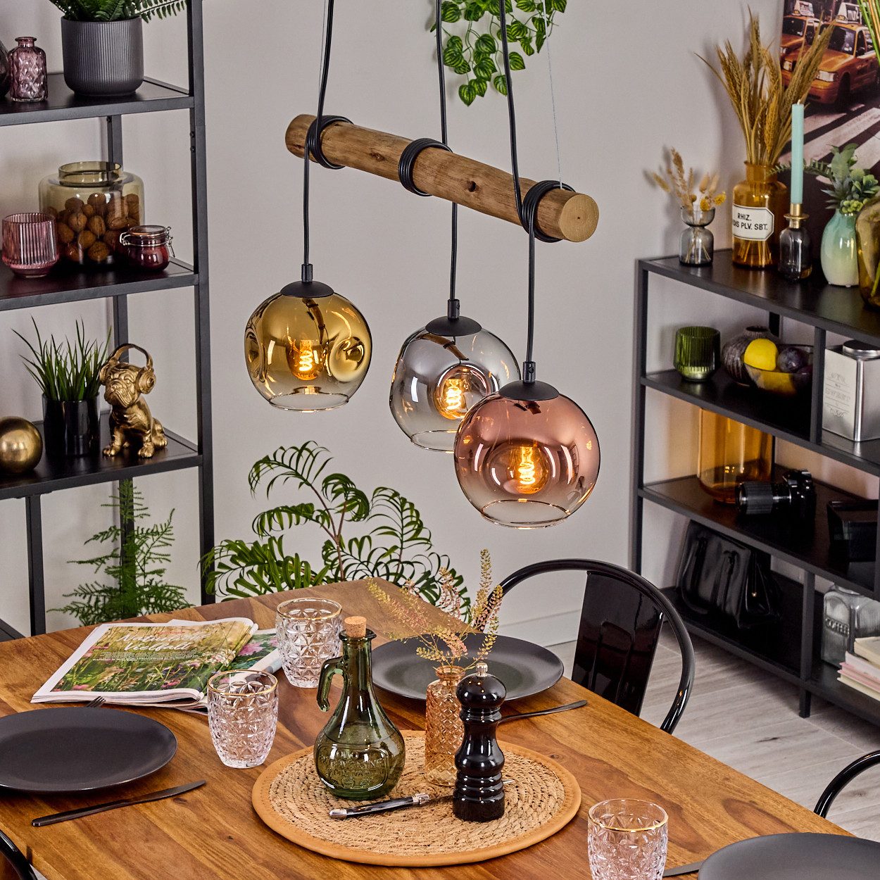 hofstein Pendelleuchte Hängelampe aus Metall/Holz/Glas in Natur/Chrom/Rauch günstig online kaufen