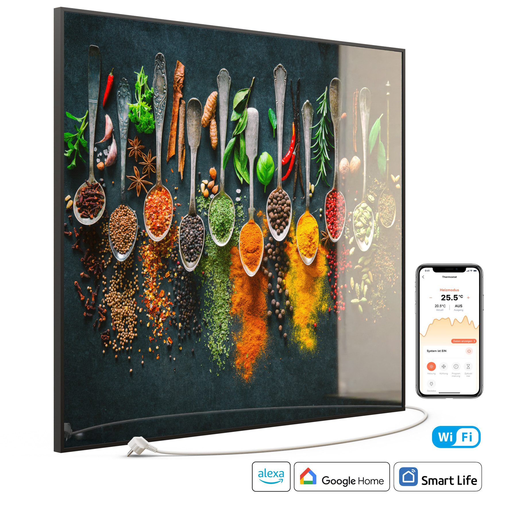STEINFELD Heizsysteme Infrarotheizung Glas-Bild 1200W, 114x100cm, Made in Germany, 7 Jahre Garantie, mit Thermostat, Schwarz