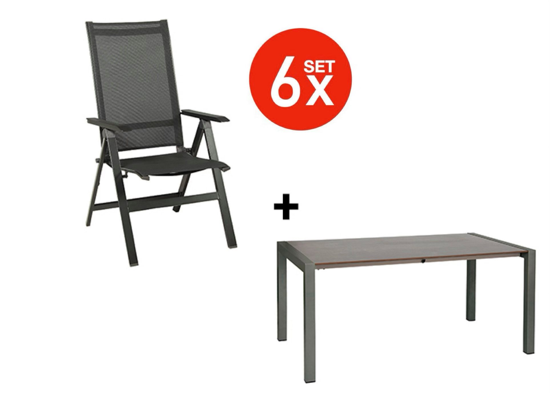 acamp Garten-Essgruppe Gartenmöbel Set Aluminium 7-teilig, HPL Ausziehtisch, 6 Klappsessel, (Spar-Set, 7-tlg., 6 Klappsessel & 1 Ausziehtisch), wetterfest, klappbar, gastronomietauglich, pflegeleicht, Acatex-Gewebe
