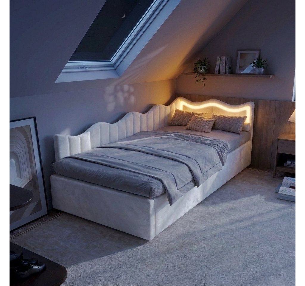 PXloue Polsterbett Schlafsofa Daybett (hydraulischem Stauraum), Jugendbett mit LED-Beleuchtung, Teddysamt, 90x200 cm
