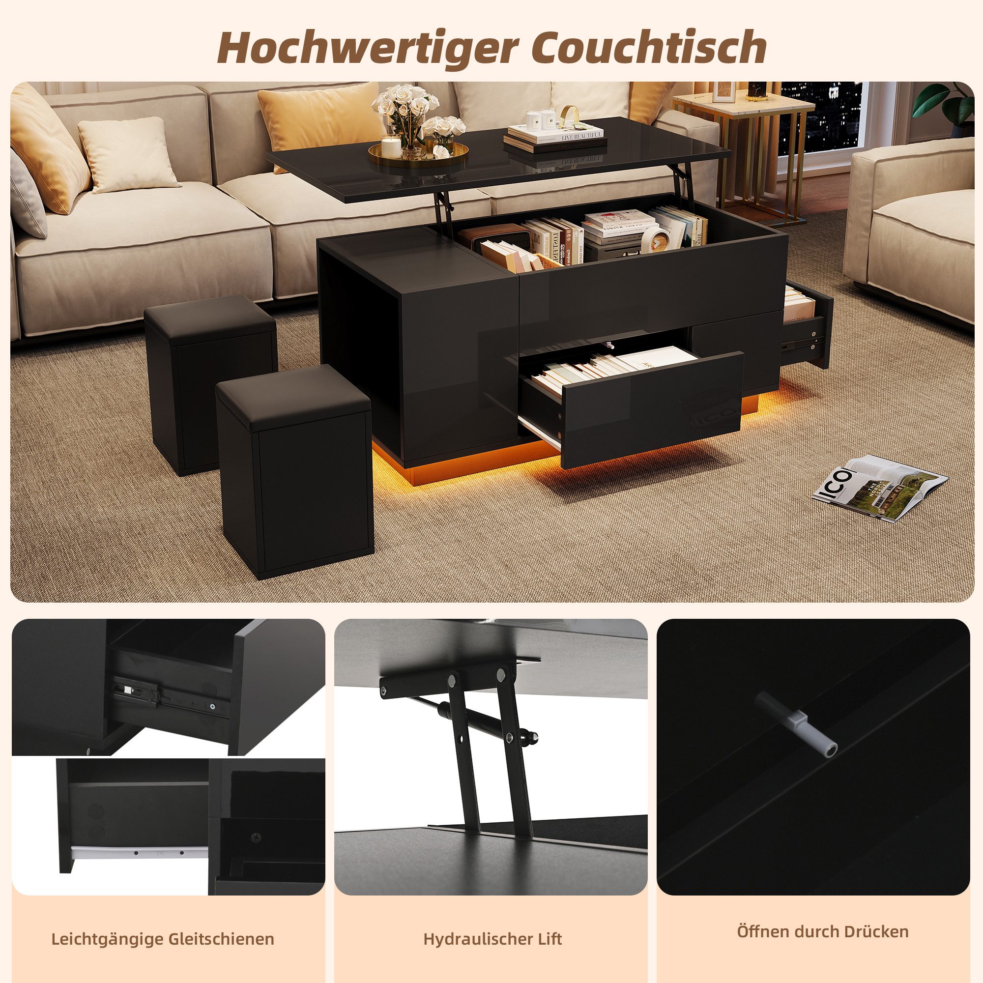Merax Couchtisch 4-in-1 höhenverstellbar Sofatisch mit LED-Beleuchtung (1-St., mit App-gesteuertem Licht & Liftfunktion), Wohnzimmertisch mit verstecktem Staura – Bild 5 von 5