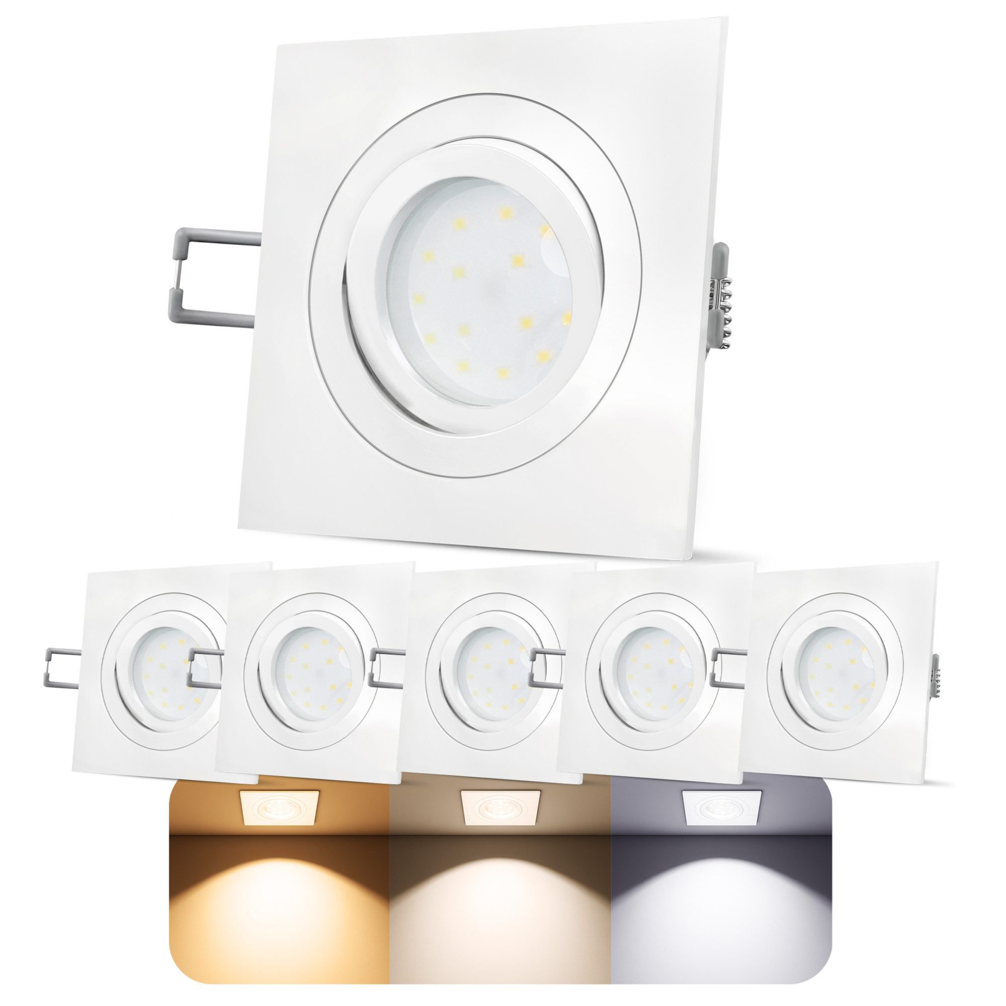 SSC-LUXon LED Einbaustrahler 6x QF-2 Deckenspot mit LumiFLEX LED 4W mit drei Lichtmodi schwenkbar, Tageslichtweiß, Warmweiß, Neutralweiß