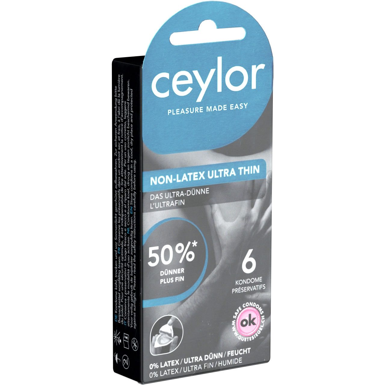 Ceylor Kondome Non-Latex Ultra Thin (Kondome für Allergiker - latexfrei & 50% dünner) ultradünne latexfreie Kondome, Packung mit, 6 St., hypoallergene Kondome, Premium-Qualität aus der Schweiz, im hygienischen "Dösli", einfach zu öffnen, schnelleres Überziehen