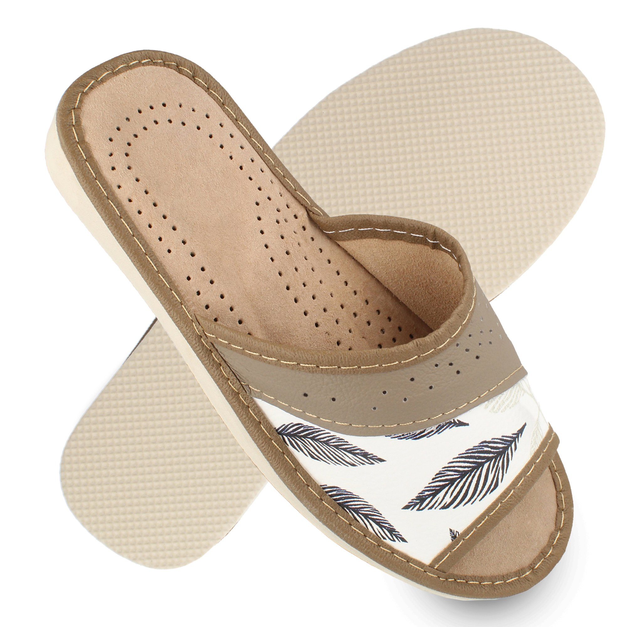 filsko Karvia Damen Hausschuh offen Sommer Leder Blumen Muster Hausschuh