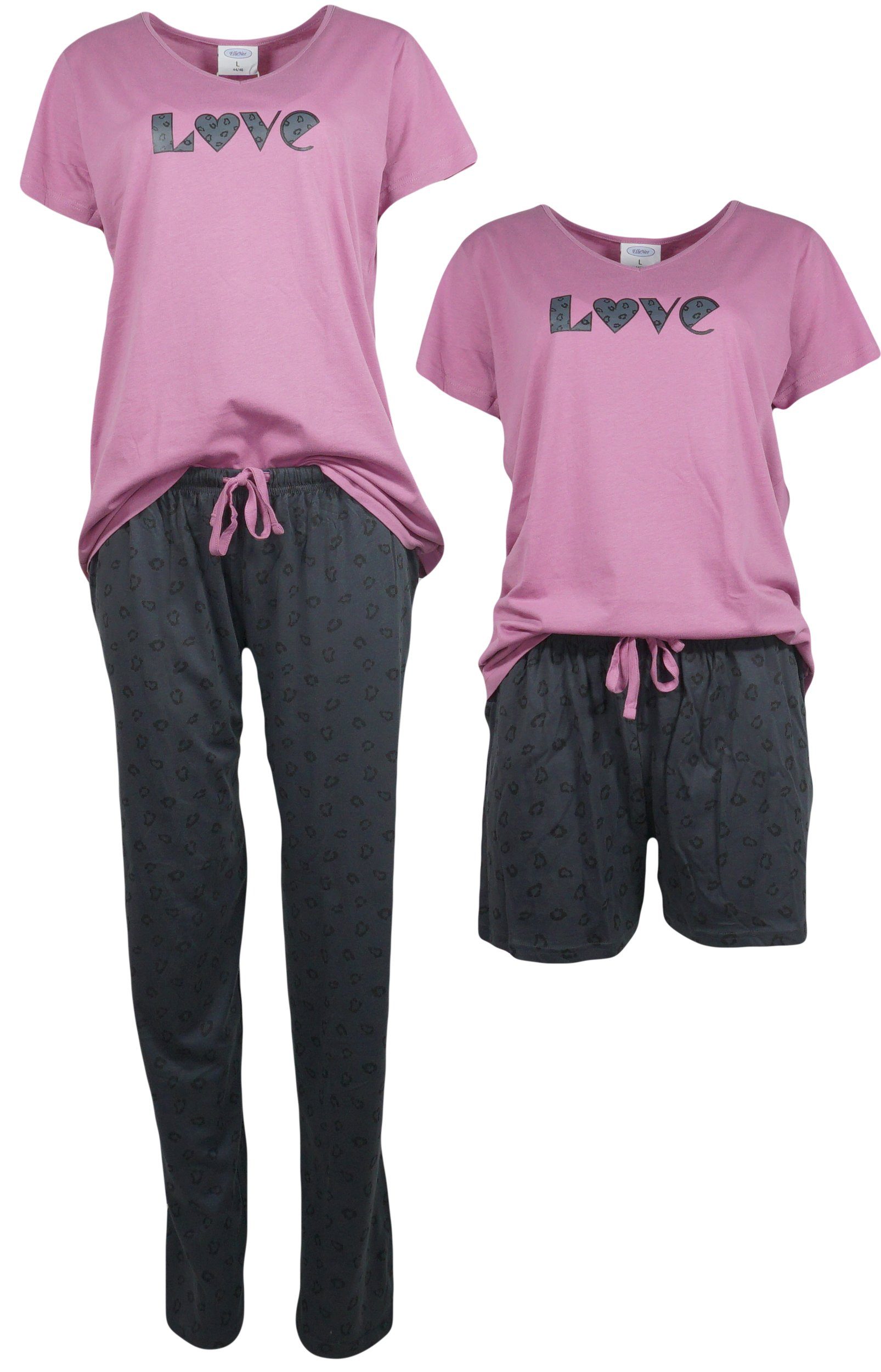 Schlafanzug 3er Set Damen Pyjama Nachtwäsche Set mit passender Shorts Lila