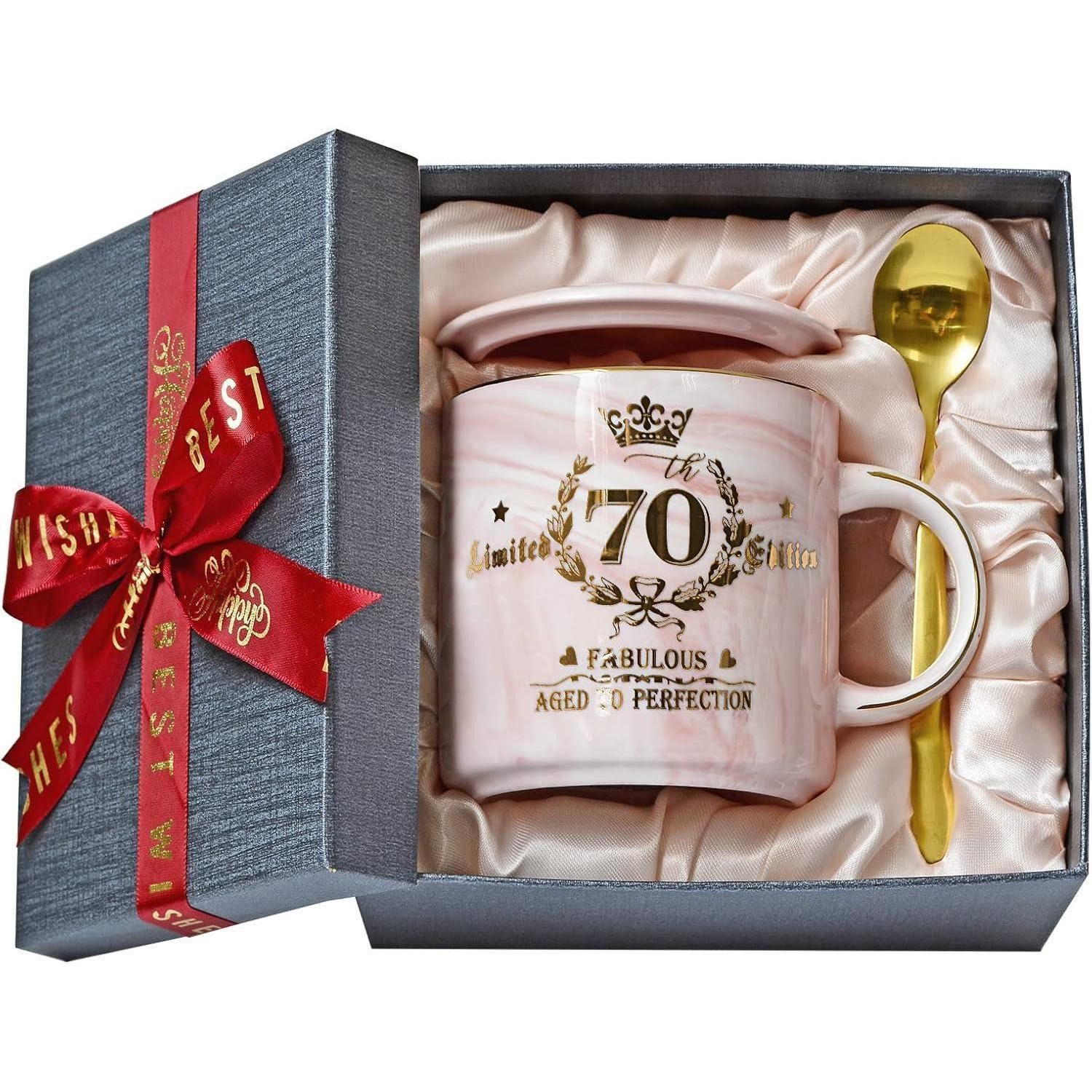 ALBISS Tasse Geschenk 70. Geburtstag Frau Marmor Keramikbecher Golddruck 400ml in