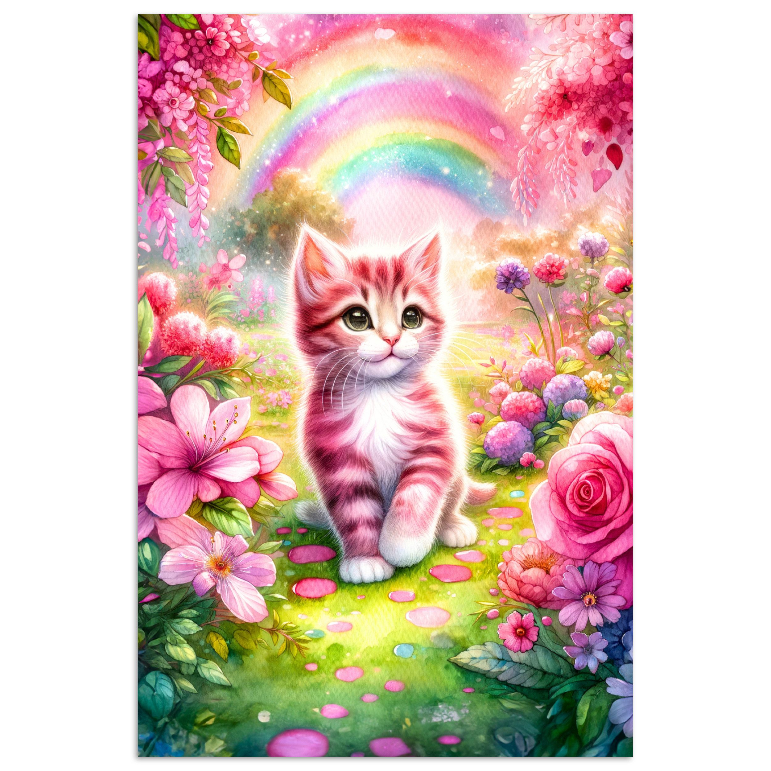 MuchoWow Poster Kätzchen - Rosa - Katze - Regenbogen - Blumen, (1 St), Wandbild, Wohnzimmer Deko, Qualitätsdruck Dickes Papier, 80x120 cm