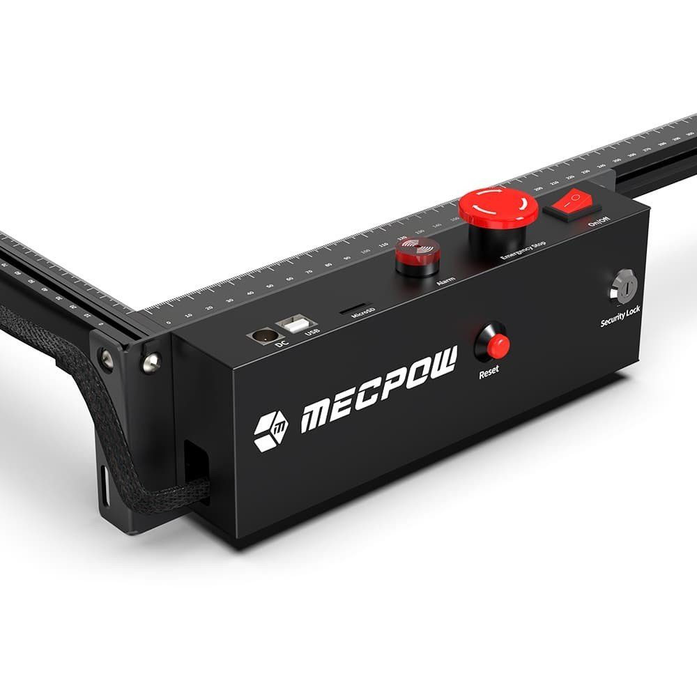 Mecpow Graviergerät Pro, X3 100V-240V, AC Not-Aus, Sicherheitssperre, Luftpumpensatz, (Input), mit 50/60HZ Flammenerkennung 12V 5A V, (Output) DC