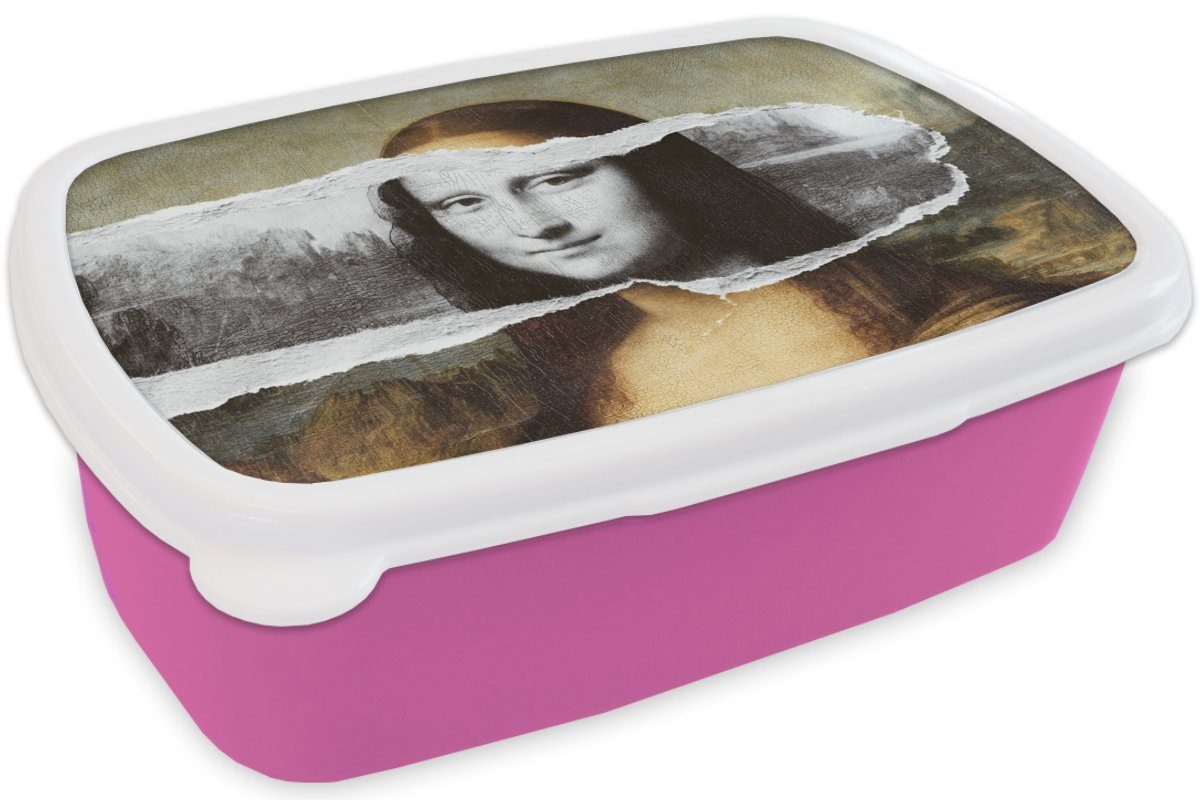 MuchoWow Lunchbox Mona Lisa - - weiß Brotdose Kinder, und Da Kunststoff, rosa (2-tlg), Snackbox, für Schwarz Vinci, Brotbox Mädchen, Kunststoff Erwachsene
