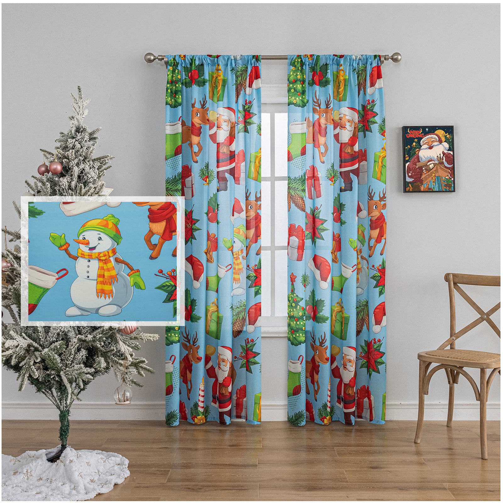 Jibenhome Gardine Weihnachts Voile-Vorhang, Transparenter Kindervorhänge, Stangentasche (2 St), Innendekoration für Weihnachten und Neujahr