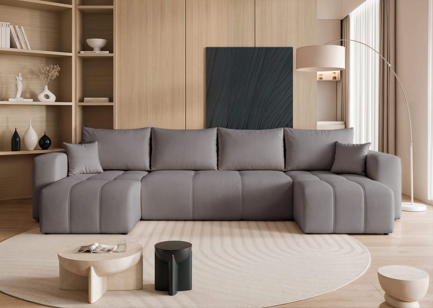 yourhouse24 Wohnlandschaft PEDRO U in Samt-Optik – Riesige Schlaffunktion & abnehmbare Bezüge, mit Schlaffunktion und Bettkasten, Seite universal