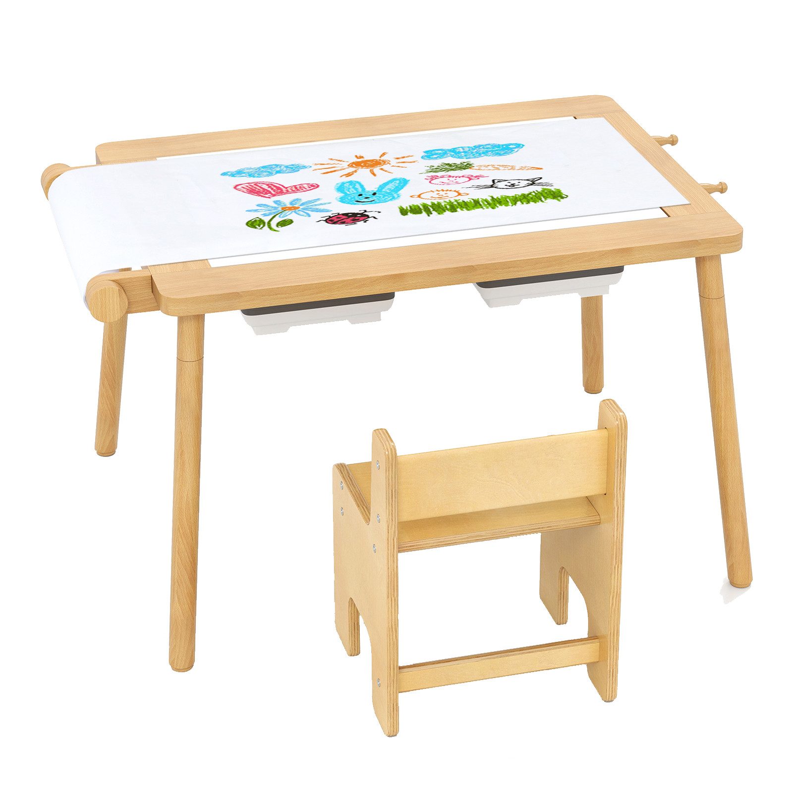 COSTWAY Kindertisch (2-St), mit Kinserstuhl, höhenverstellbar aus Kieferholz