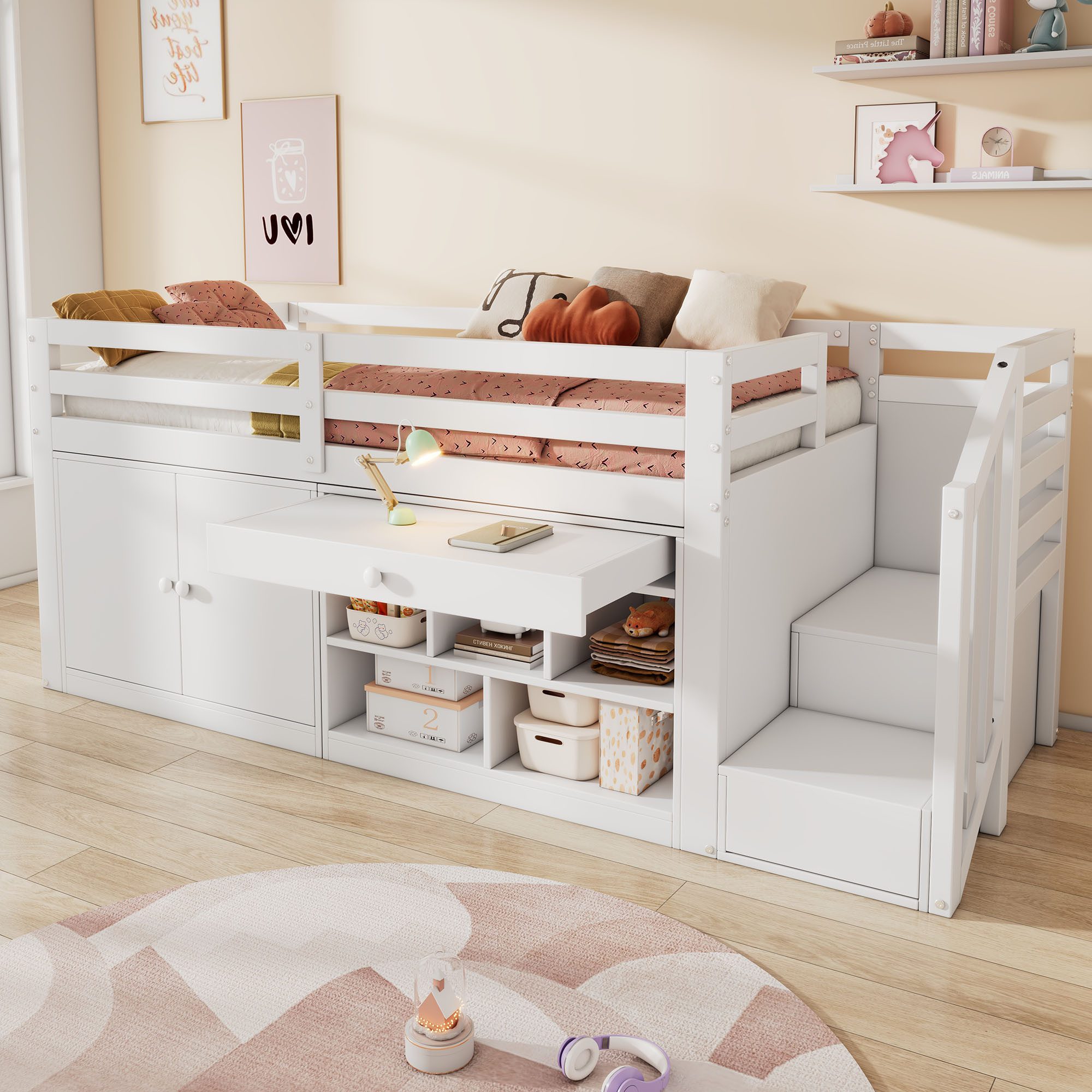 REDOM Hochbett Einzelbett (1-St., Kiefernholz Kinderbett mit Stauraum) Schublade als Schreibtisch 90x200cm