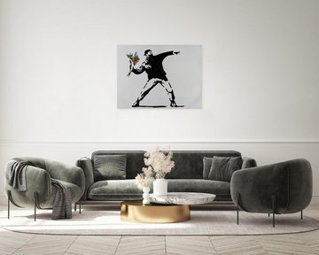 KUNSTLOFT Gemälde Banksy's Flower Attack 100x75 cm, Leinwandbild 100% HANDGEMALT Wandbild Wohnzimmer